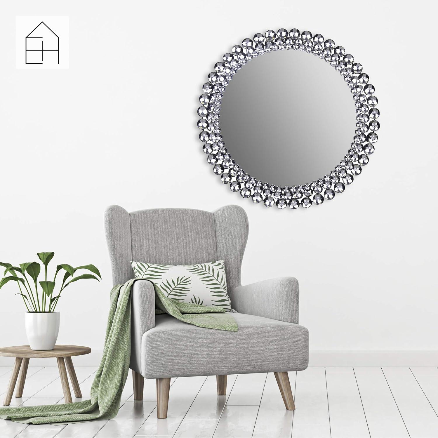 Glamorous Round Jeweled Metal and Glass Wall Mirror