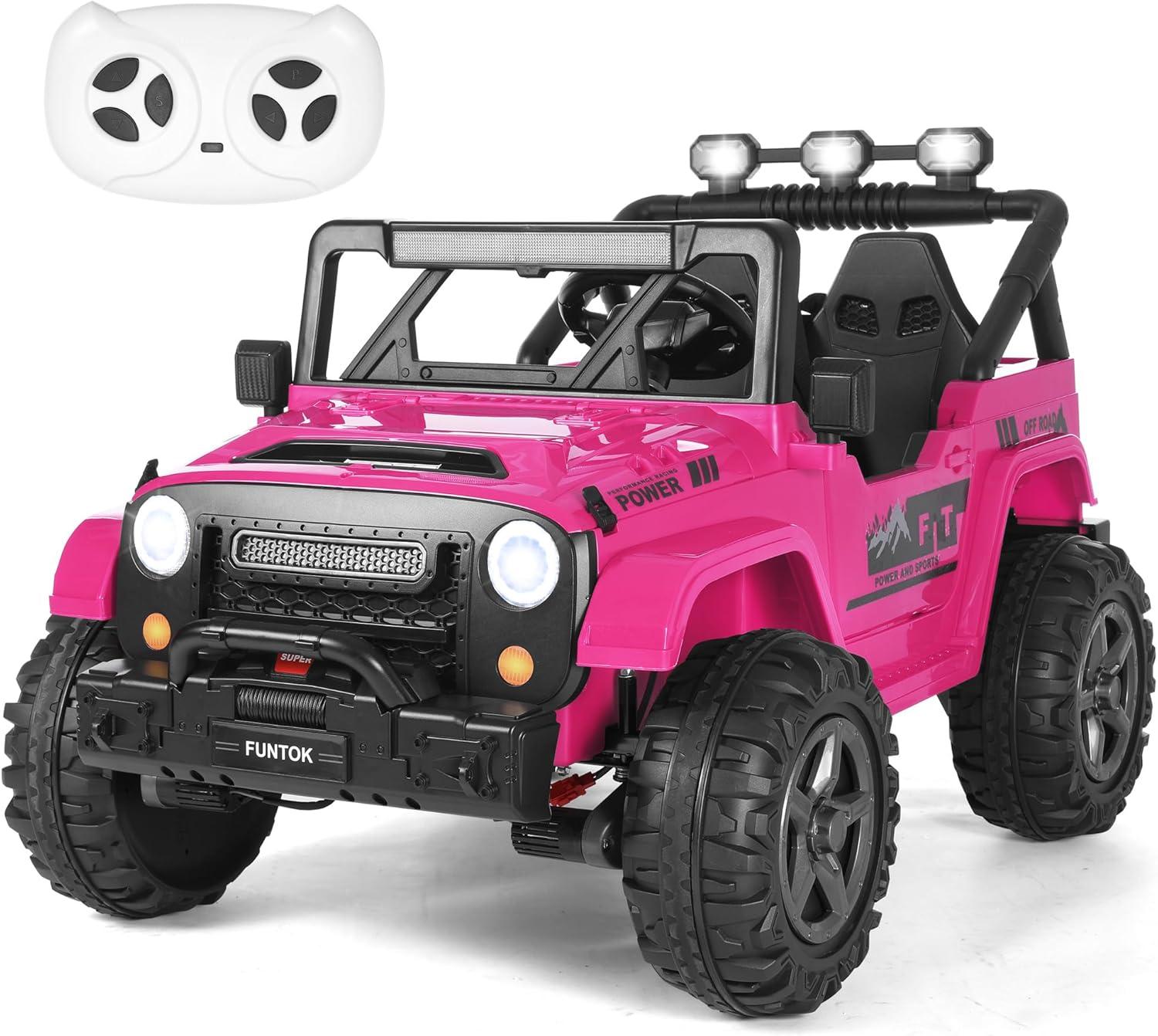 FUNTOK 24 Volt 2 Seater Kids Ride on Truck w/ 20 " Large Seat, 4 x 200W Motor Electric Vehicle Car, 4WD/2WD Switchable Battery Powered Ride on Toy, 3 Speeds with Remote Control & LED Lights, Pink