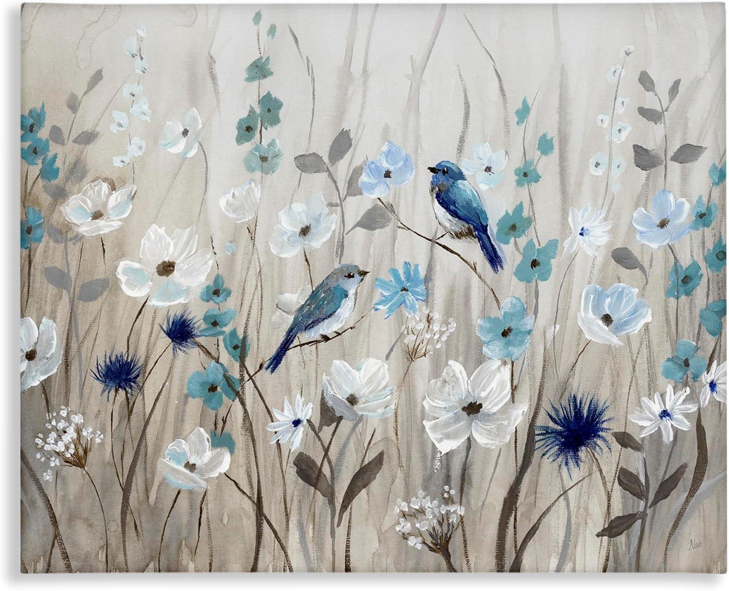 Stupell Industries Birds Floral Meadow Blue White Blossoms , 48 x 36, Design by Nan