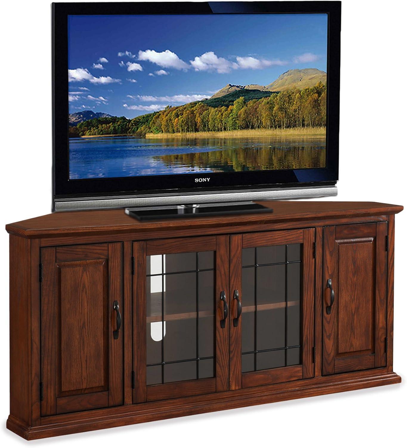 Leick Home 80386 Leaded Glass Corner TV Stand with Enclosed Storage For 60" TV's, Burnished Oak