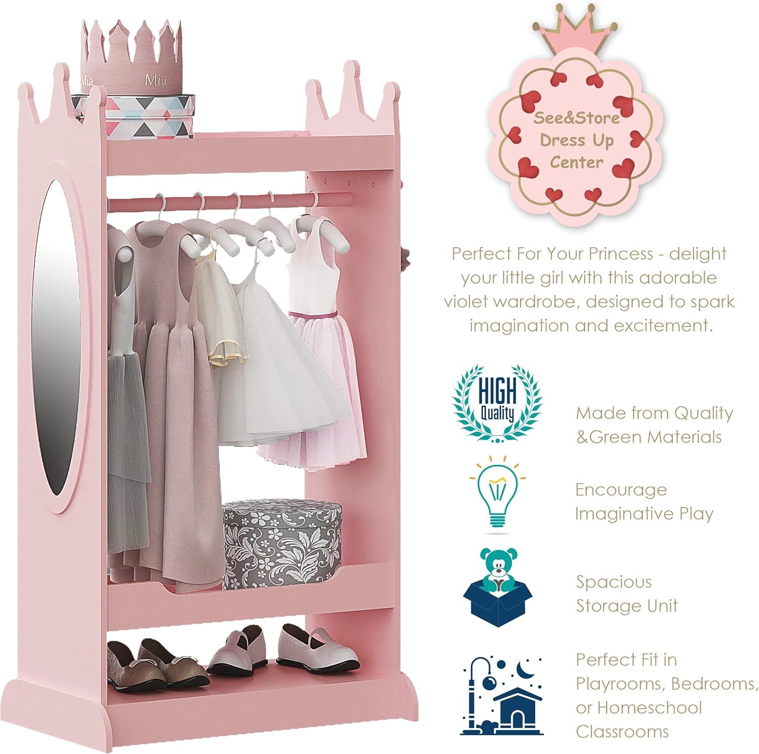 Kids Pink Costume Organizer with Mirror - Open Hanging Armoire Rack for Dress-Up Play and Storage