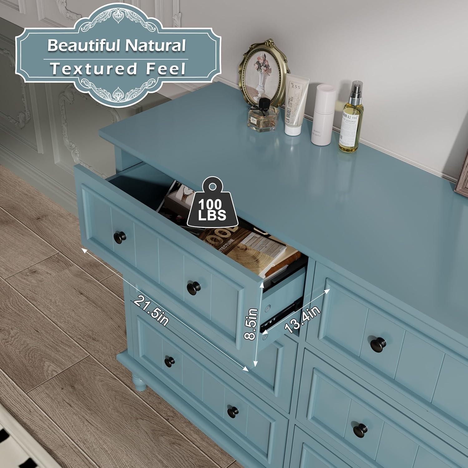 Scurrty 6 Drawer Dresser, Antique Chest of Drawers, Large Cabinet with Storage, Big Dresser for Clothes in Living Room, Bedroom (Blue)