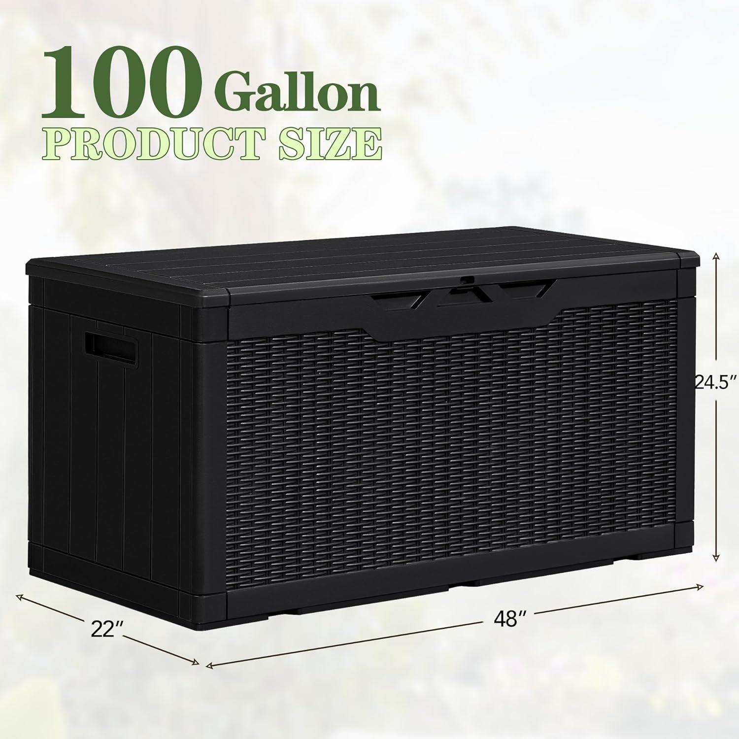 GEMBIK 100 Gallon Resin Deck Box, Large Outdoor Storage Bench with Cushions, Black