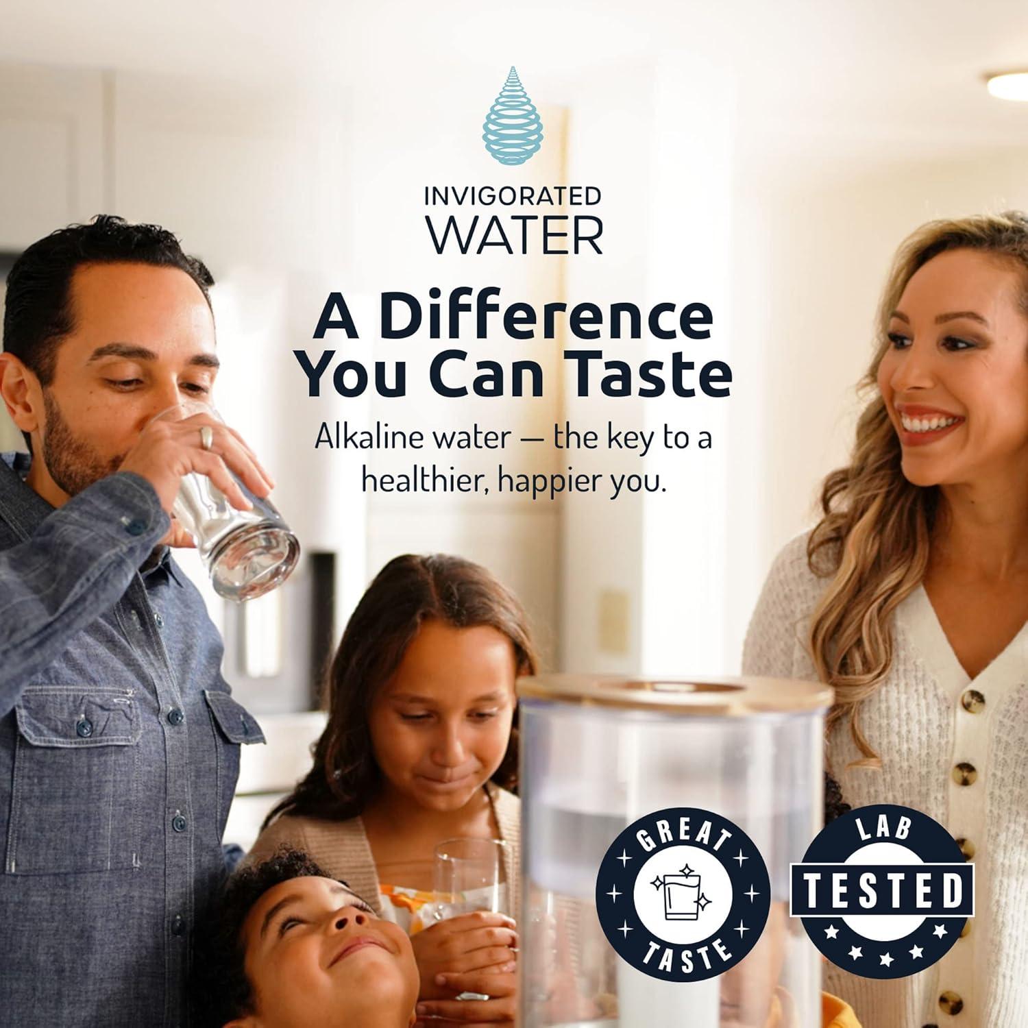 Invigorated Water pH Recharge Alkaline Water Filter Dispenser – BPA-Free Glass Countertop Water Filter Pitcher Purifier for Home & Office, 36-Cup Capacity, 360L Long Filter Life (Bamboo/Marble)