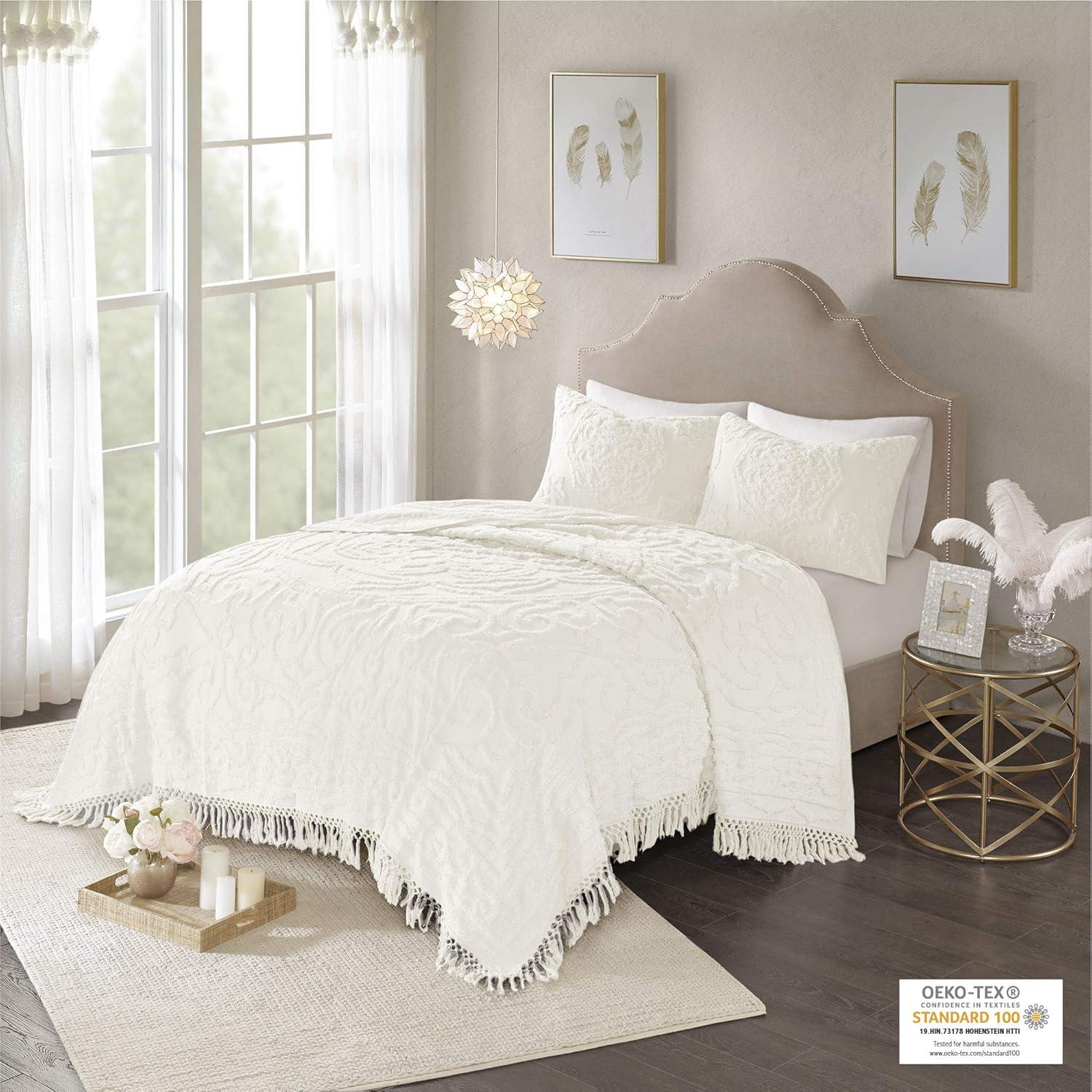 Laetitia Tufted Chenille Cotton Medallion Fringe Coverlet Set