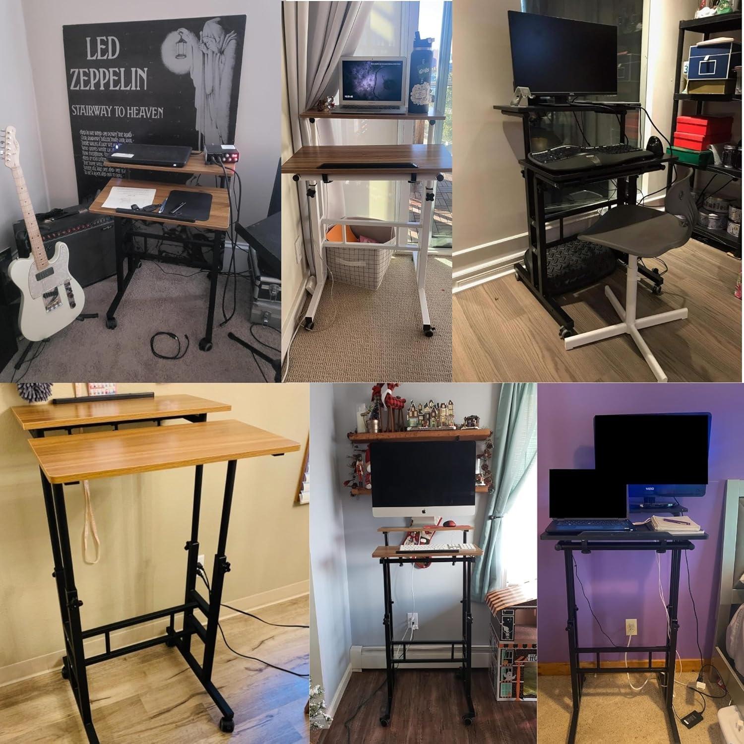 QuellQuest Adjustable Laptop Desk with Wheels Home Office Workstation Rolling White Table Laptop Cart for Standing or Sitting