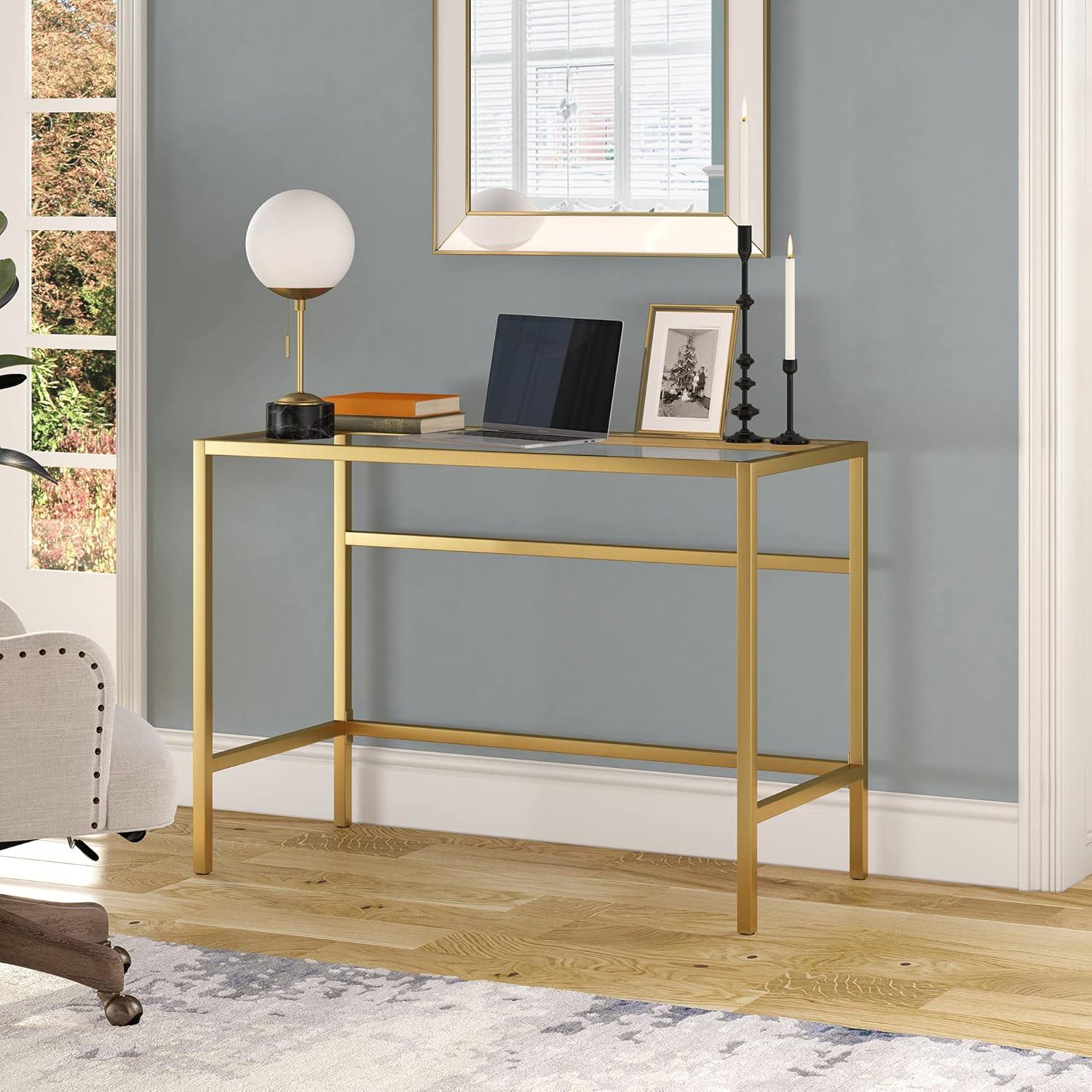 Henn&Hart 42" Brass Finish Metal/Glass Home Office