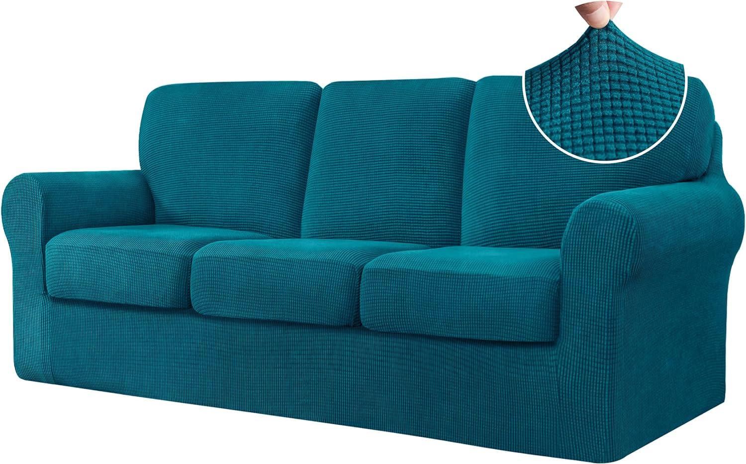 Teal Stretch Jacquard Fabric 3-Seater Sofa Cover