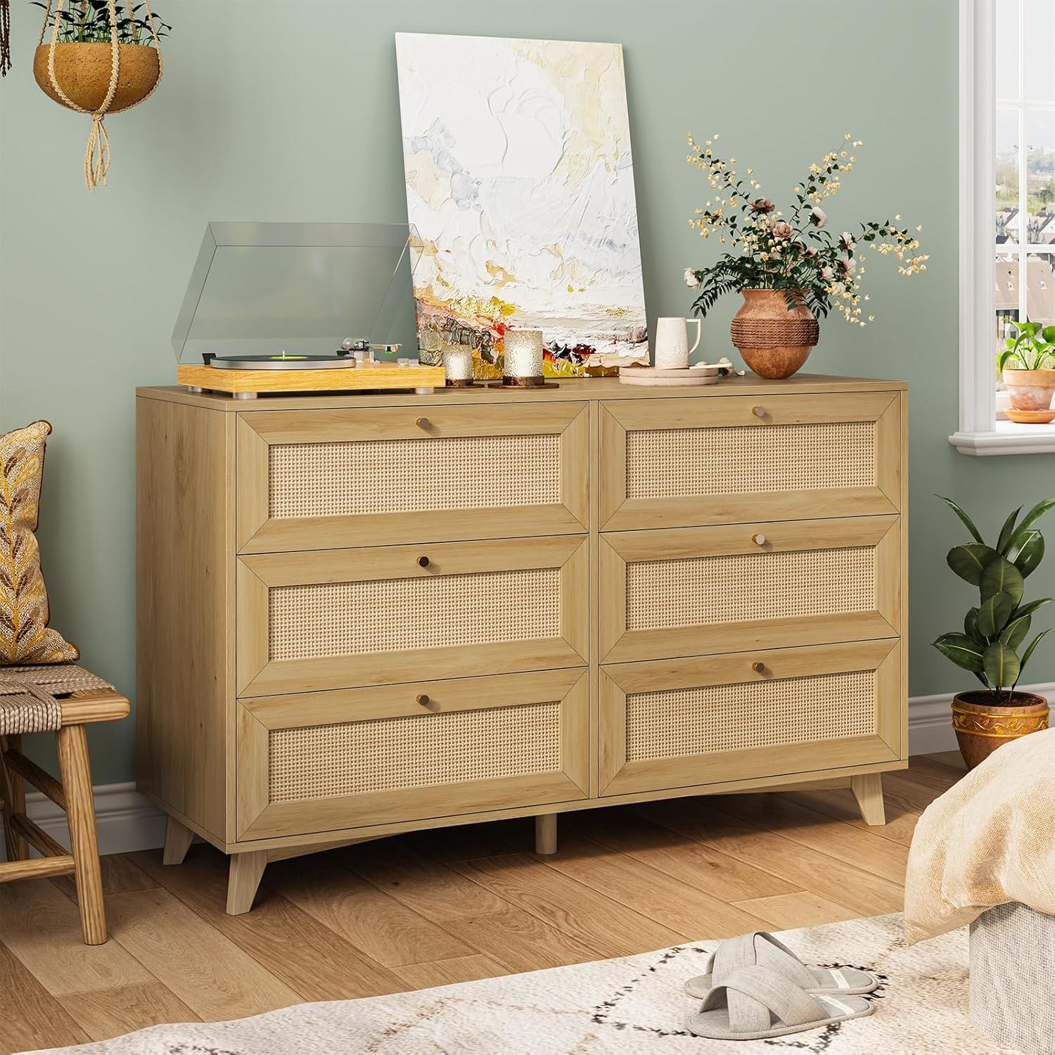 Natural Rattan and Wood Double Dresser with Six Drawers