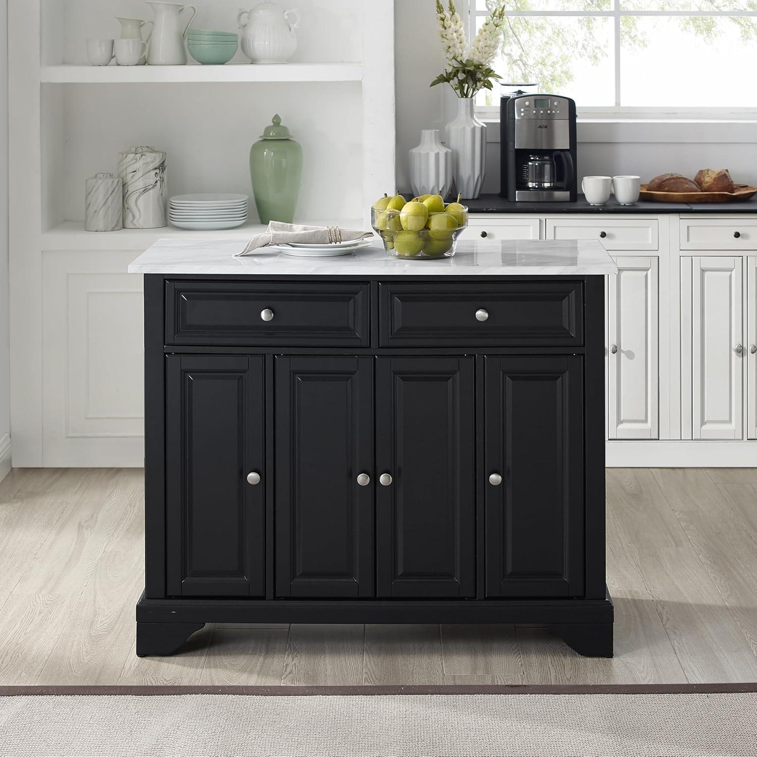 Crosley 42" Avery Kitchen Island/Cart Distressed Black/White Marble: Traditional Style, 6 Shelves, 2 Drawers, Locking Wheels