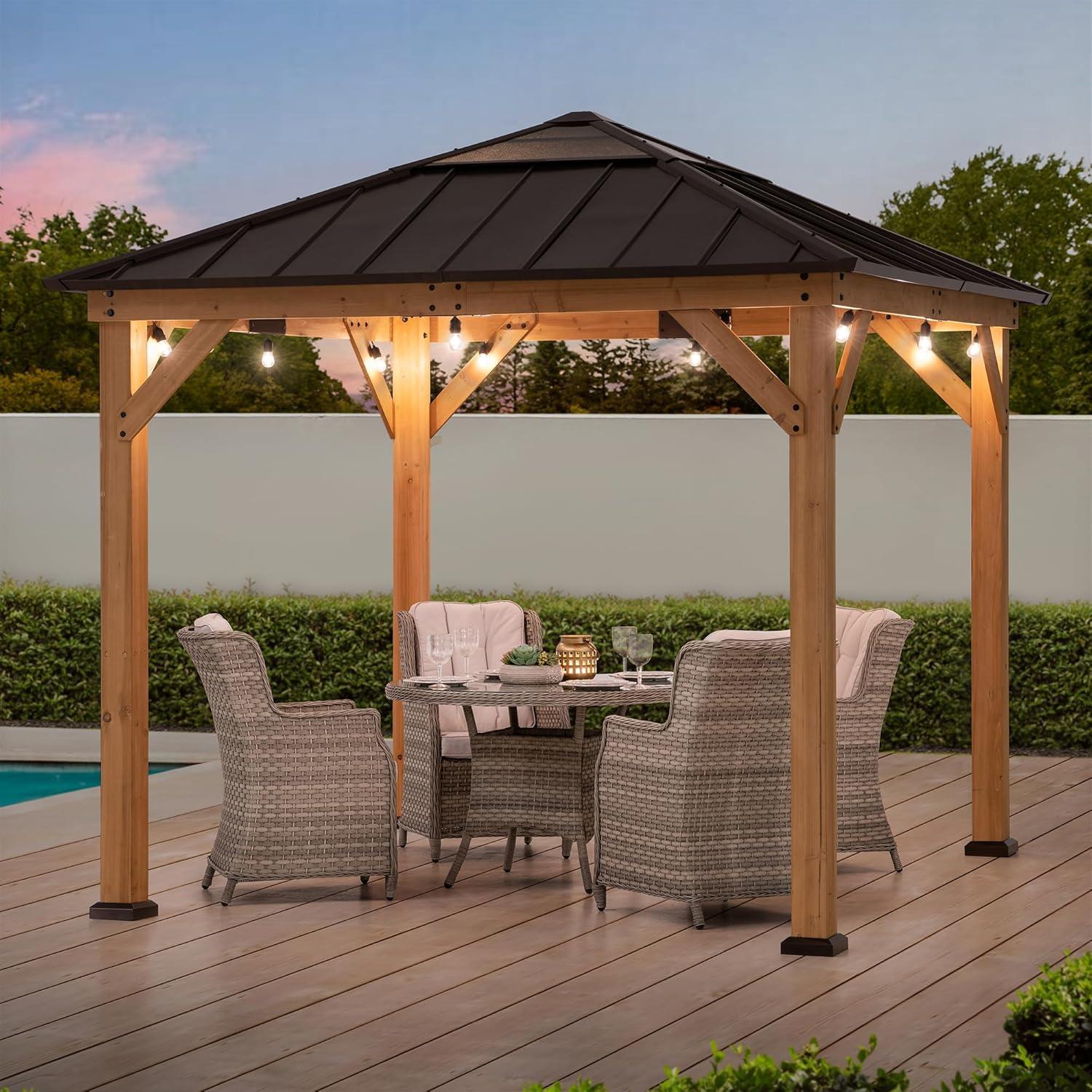 Sunjoy 9 ft. Cedar Wood Gazebo with Brown Steel Roof