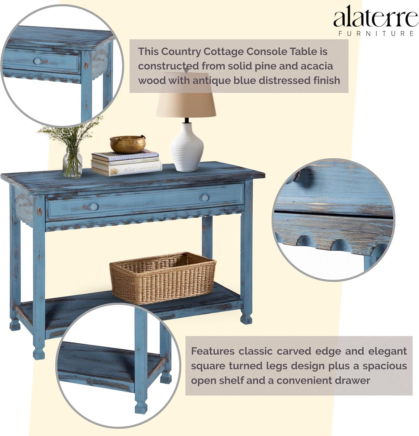 Alaterre Furniture Country Cottage Media/Console Table, Solid Pine Wood Perfect for Living Room, Entryway, Hallway, Blue Antique Finish