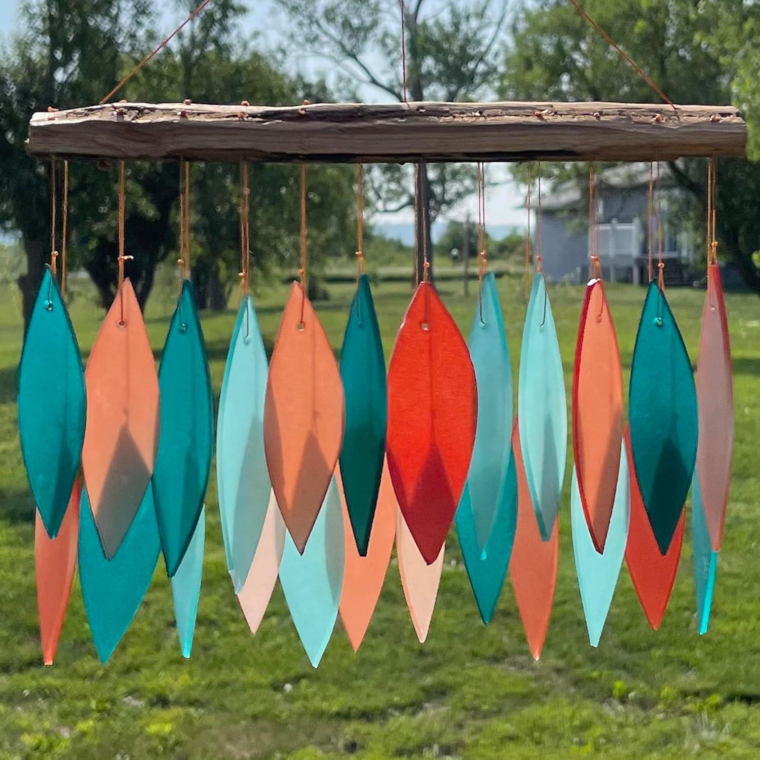 Blue Handworks Wind Chimes Coral and Teal Glass Wind Chime Garden Decor