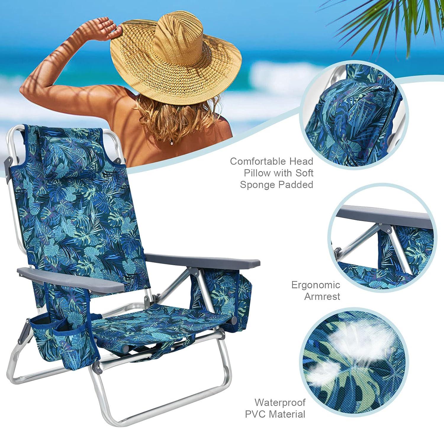 Topcobe 2-Pack Folding Backpack Beach Chair 5-Position Outdoor Reclining Chairs with Pillow, Foldable Outdoor Patio Chair for Deck, Backyard, Navy