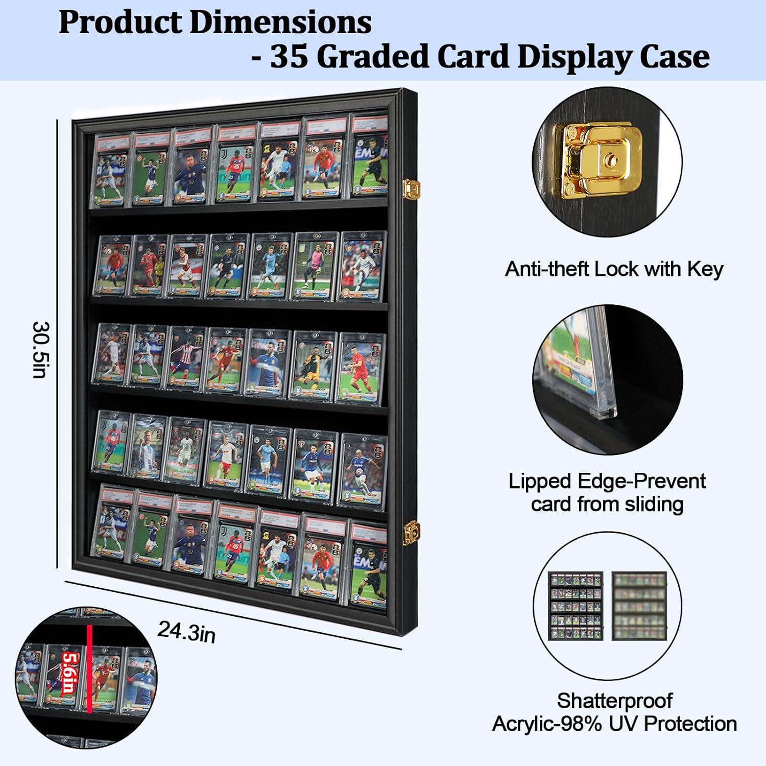 Estuche para Exhibición de Tarjetas Deportivas de 35 Grados: Marco de Exhibición de Tarjetas de Béisbol con Protección UV Gabinete de Pared con Cerradura Transparente para Tarjetas Coleccionables de Baloncesto Negro Vertical