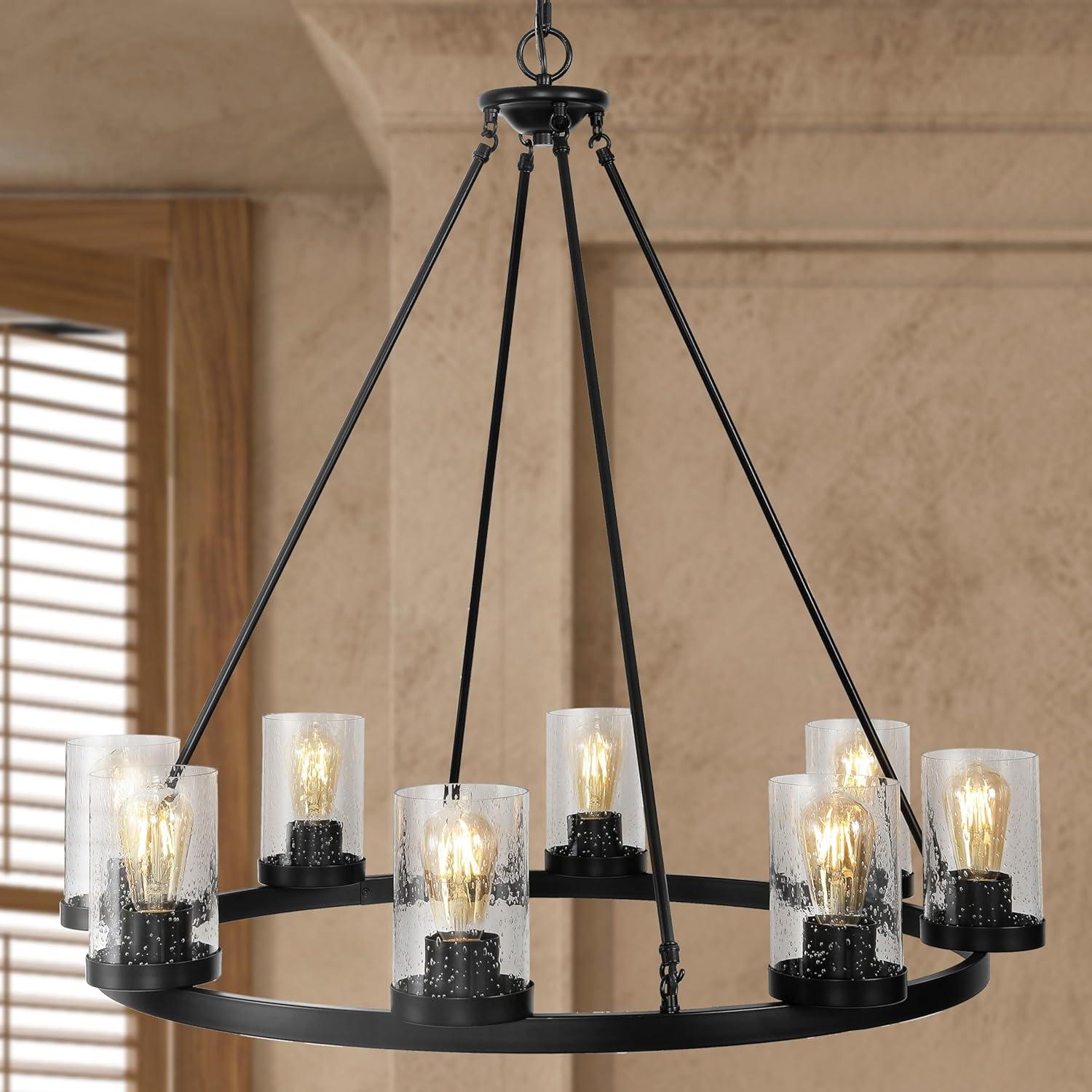 JONATHAN Y JYL7554A Coronet 33.5" 8-Light Iron/Seeded Glass Rustic Farmhouse Round LED Chandelier, Industrial, Vintage for living room, dinning room, bedroom Bulb Included, Oil Rubbed Bronze