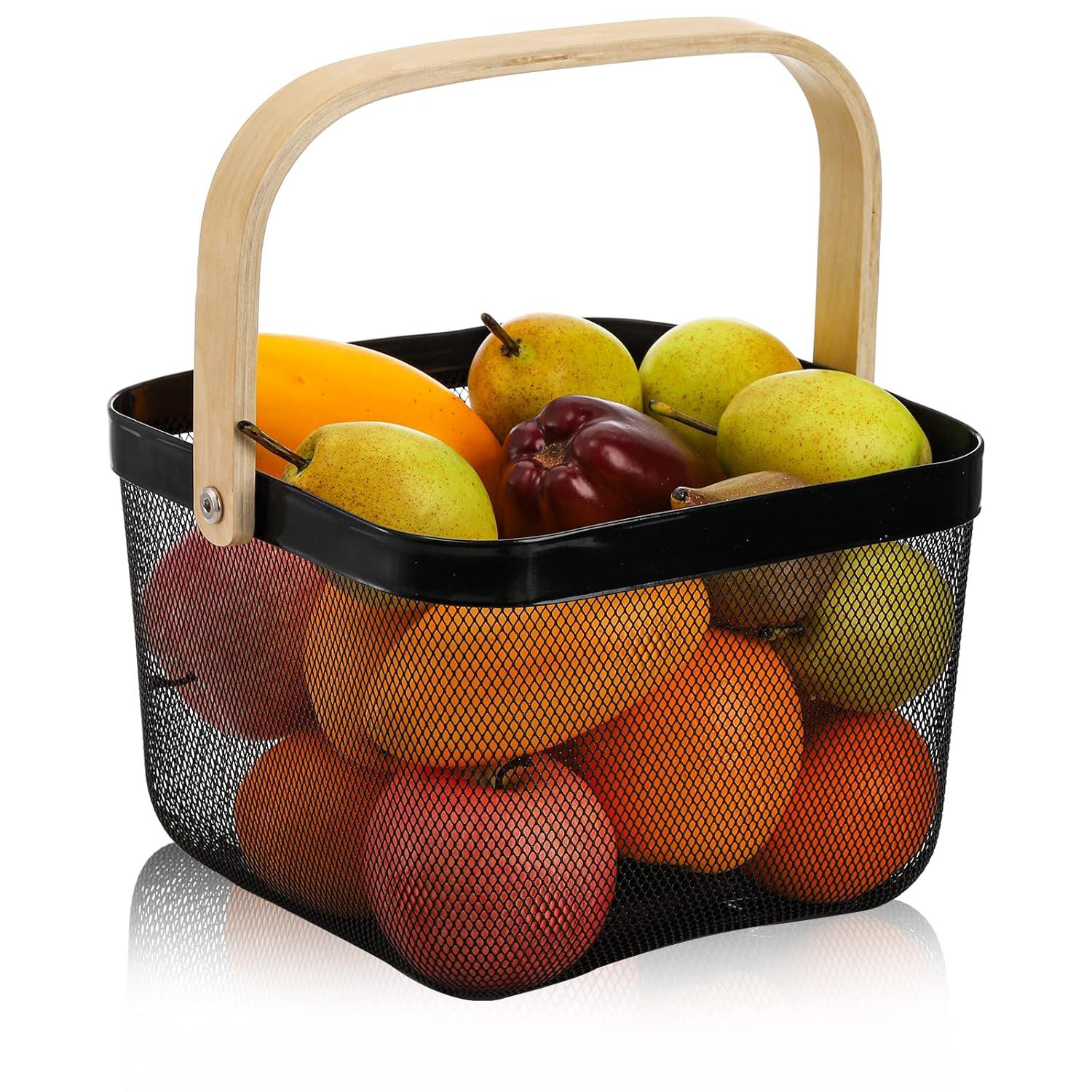 Black Metal Mesh Basket with Wooden Handle for Storage