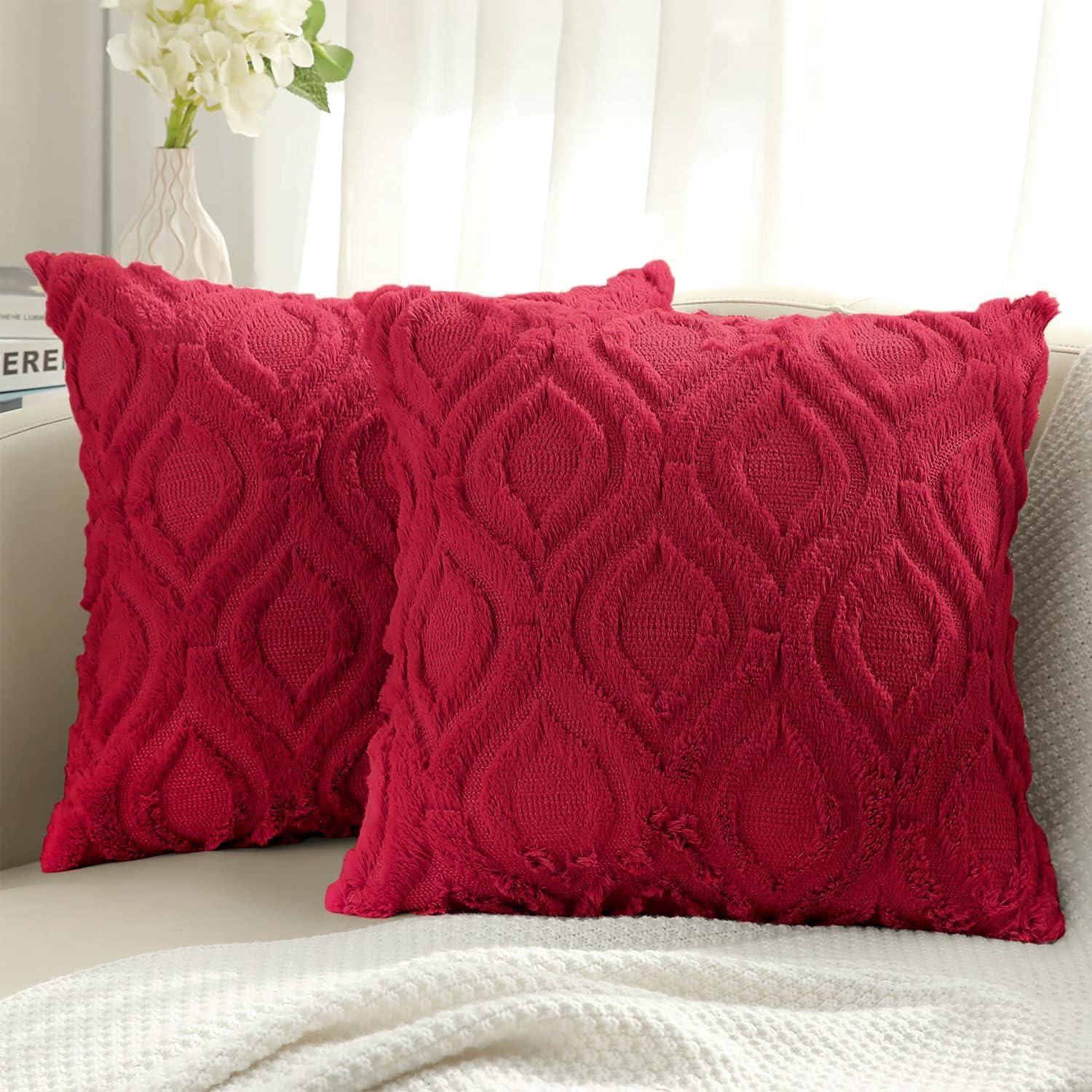 Red Plush Faux Wool Euro Throw Pillow Covers, 18x18 Inch, Set of 2