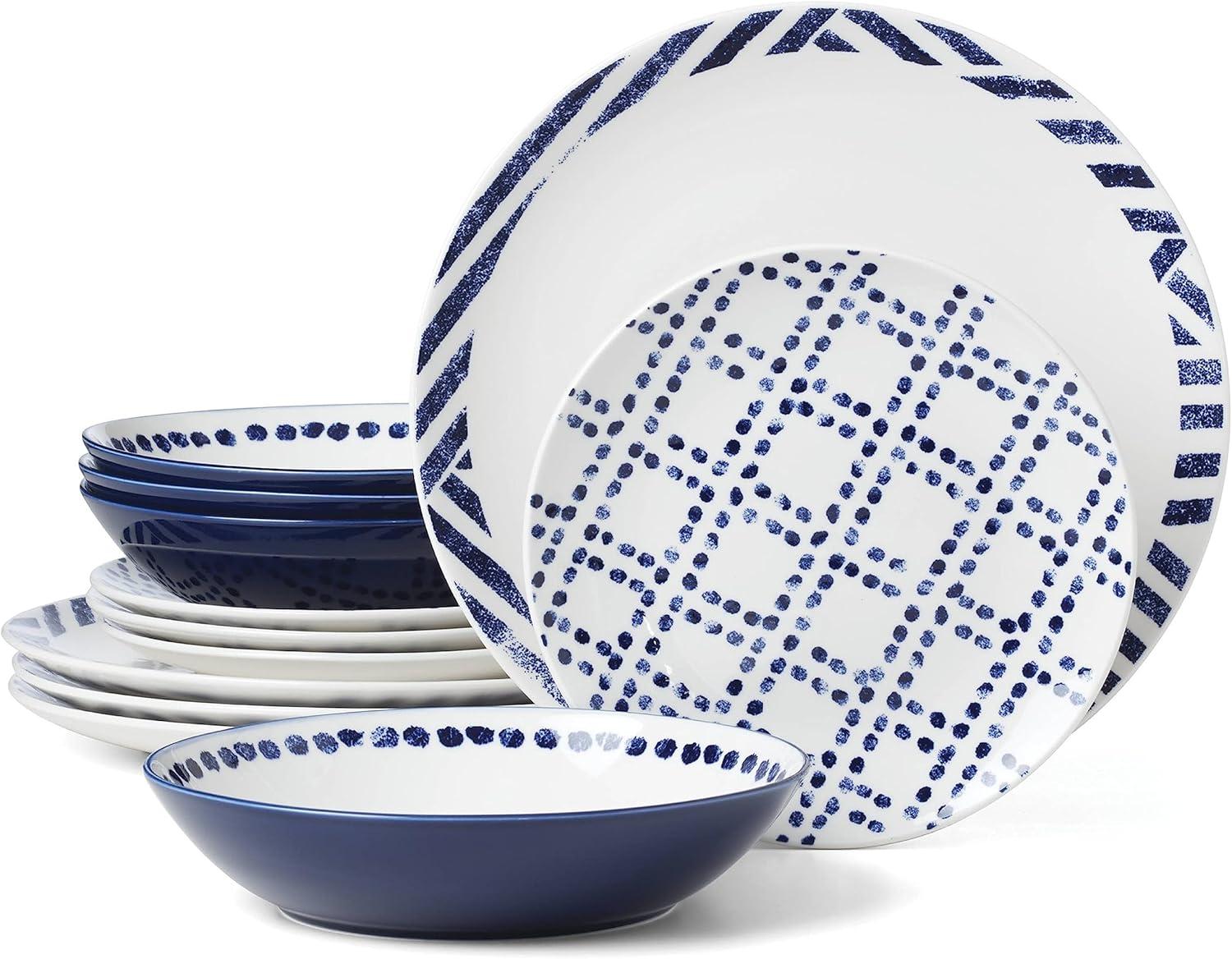 Navy and White Porcelain 12-Piece Geometric Dinnerware Set