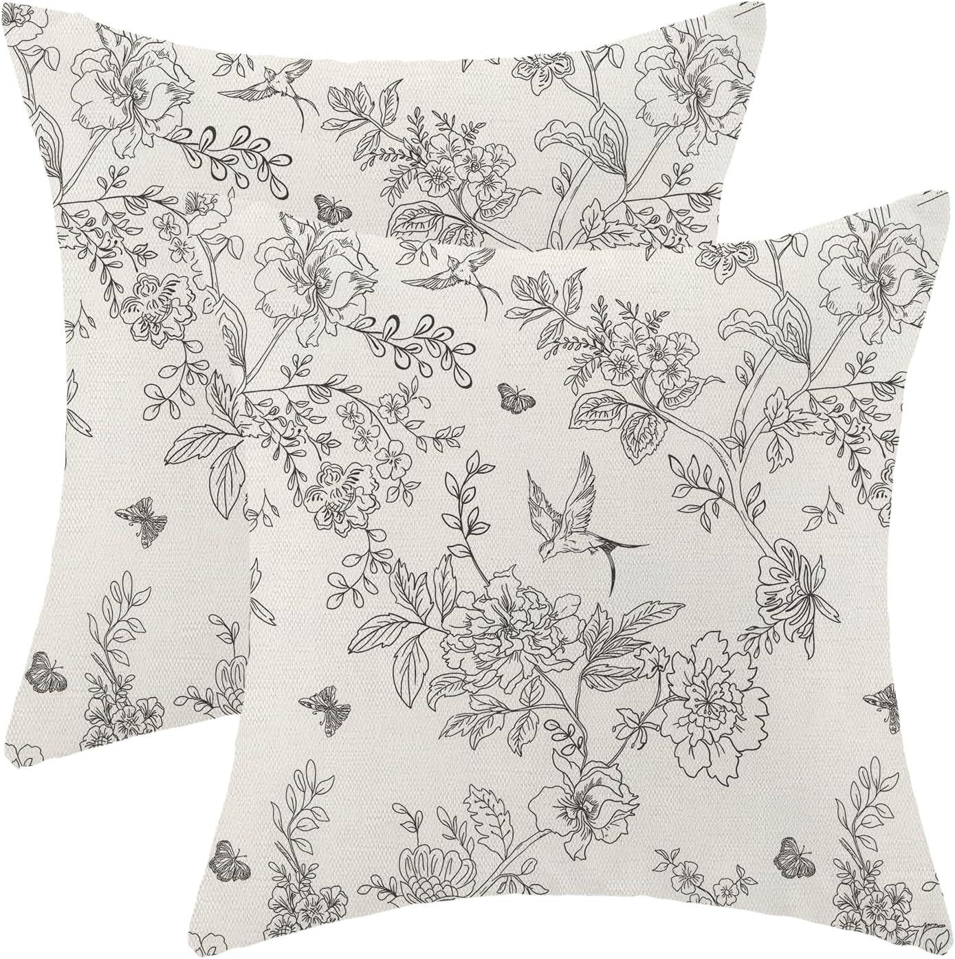 Chinoiseries Spring Pillow Covers 18x18 Set of 2, Black White Birds and Floral Throw Pillows Farmhouse Vintage Outdoor Decorative Cushion Case Decorations for Home Couch Sofa
