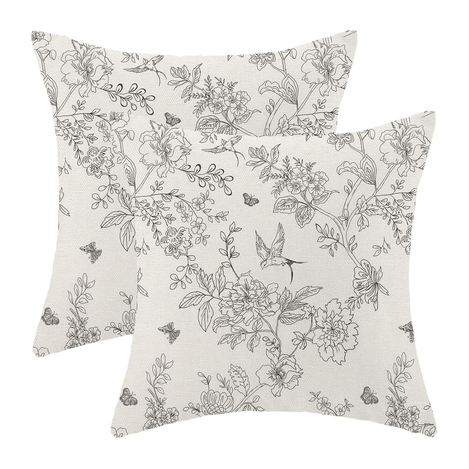 Chinoiseries Spring Pillow Covers 18x18 Set of 2, Black White Birds and Floral Throw Pillows Farmhouse Vintage Outdoor Decorative Cushion Case Decorations for Home Couch Sofa