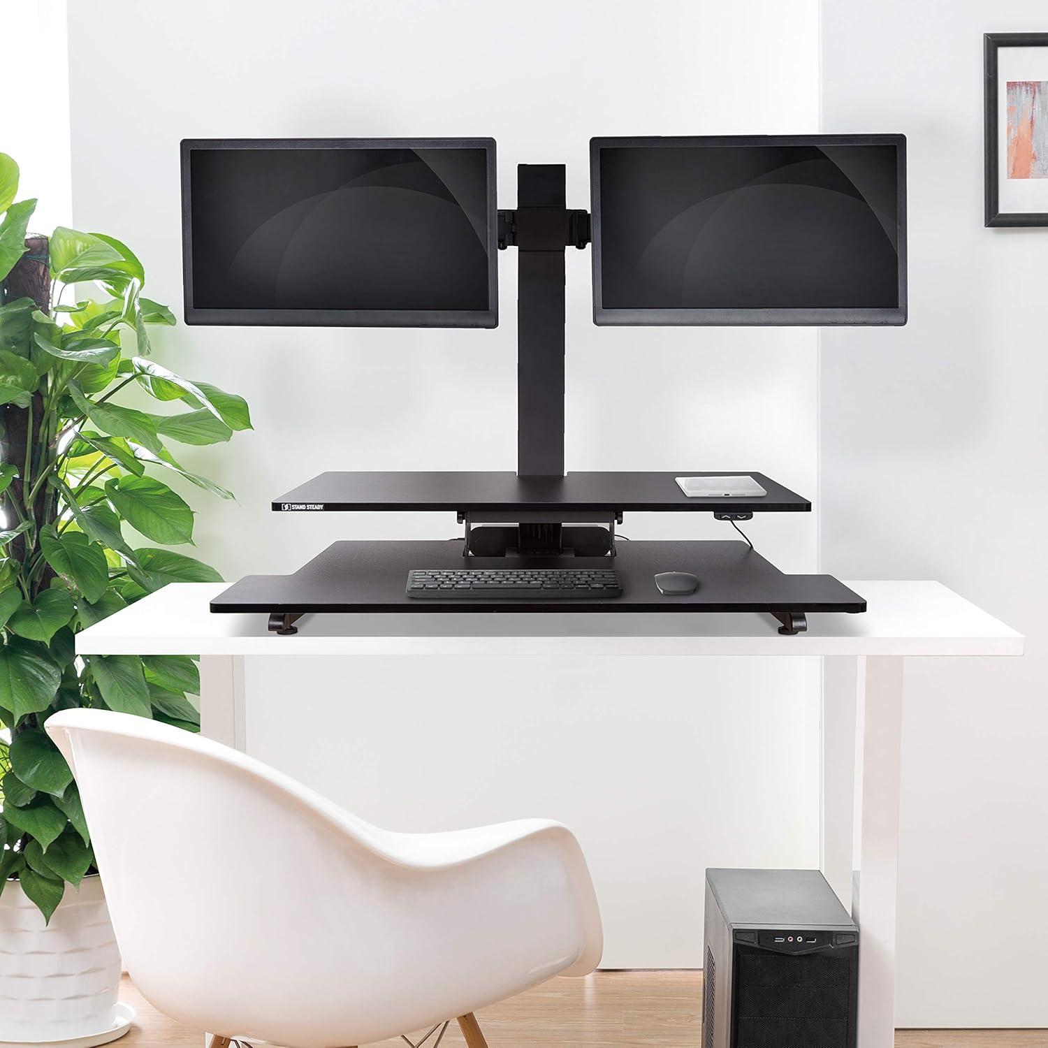 Techtonic Electric 3 Arm Monitor Mount Standing Desk - Sit to Stand Desk Converter with Keyboard Tray – Black – Stand Steady