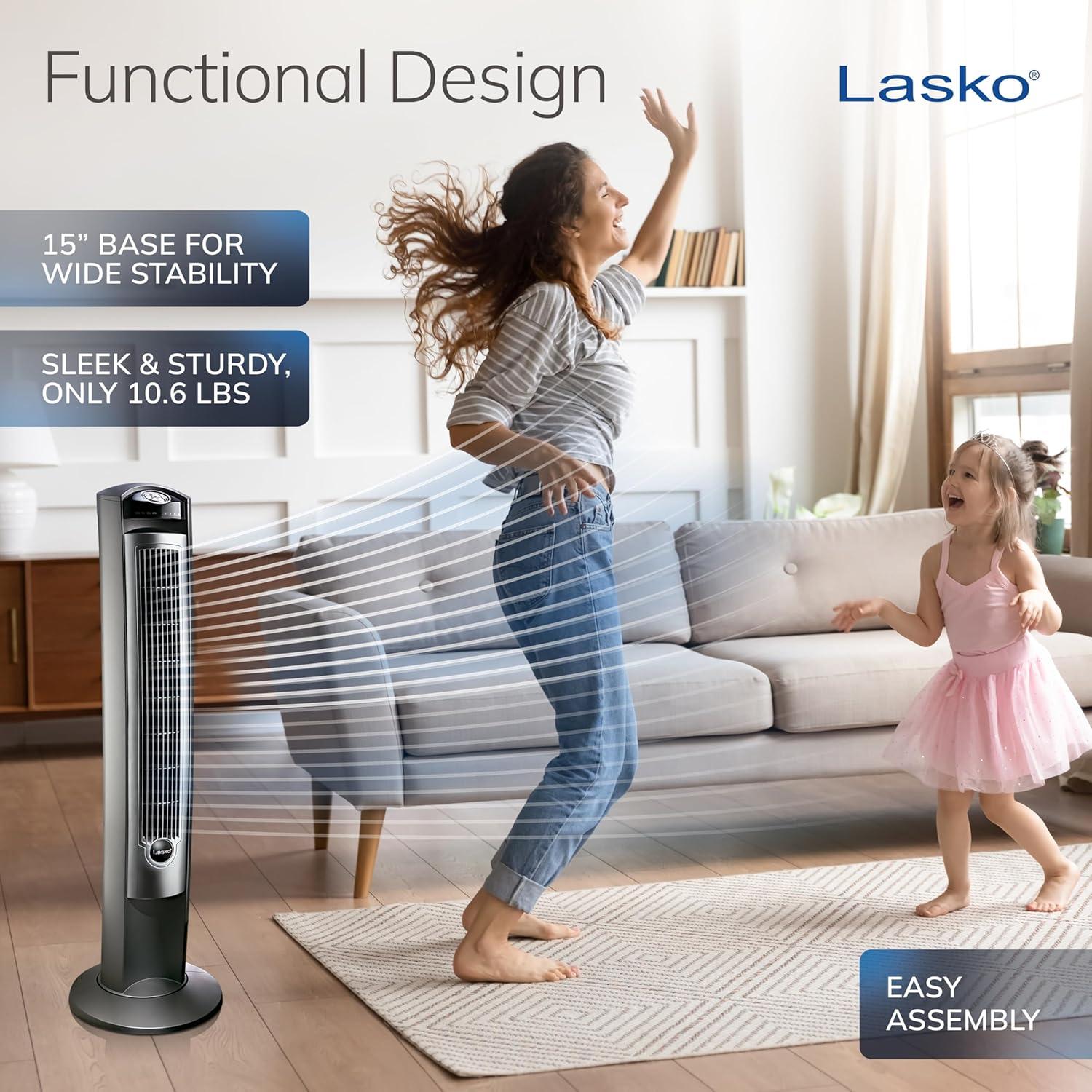 Lasko Wind Curve 42” 3-Speed Remote Controlled Oscillating Tower Fan, Silver, T42951 New