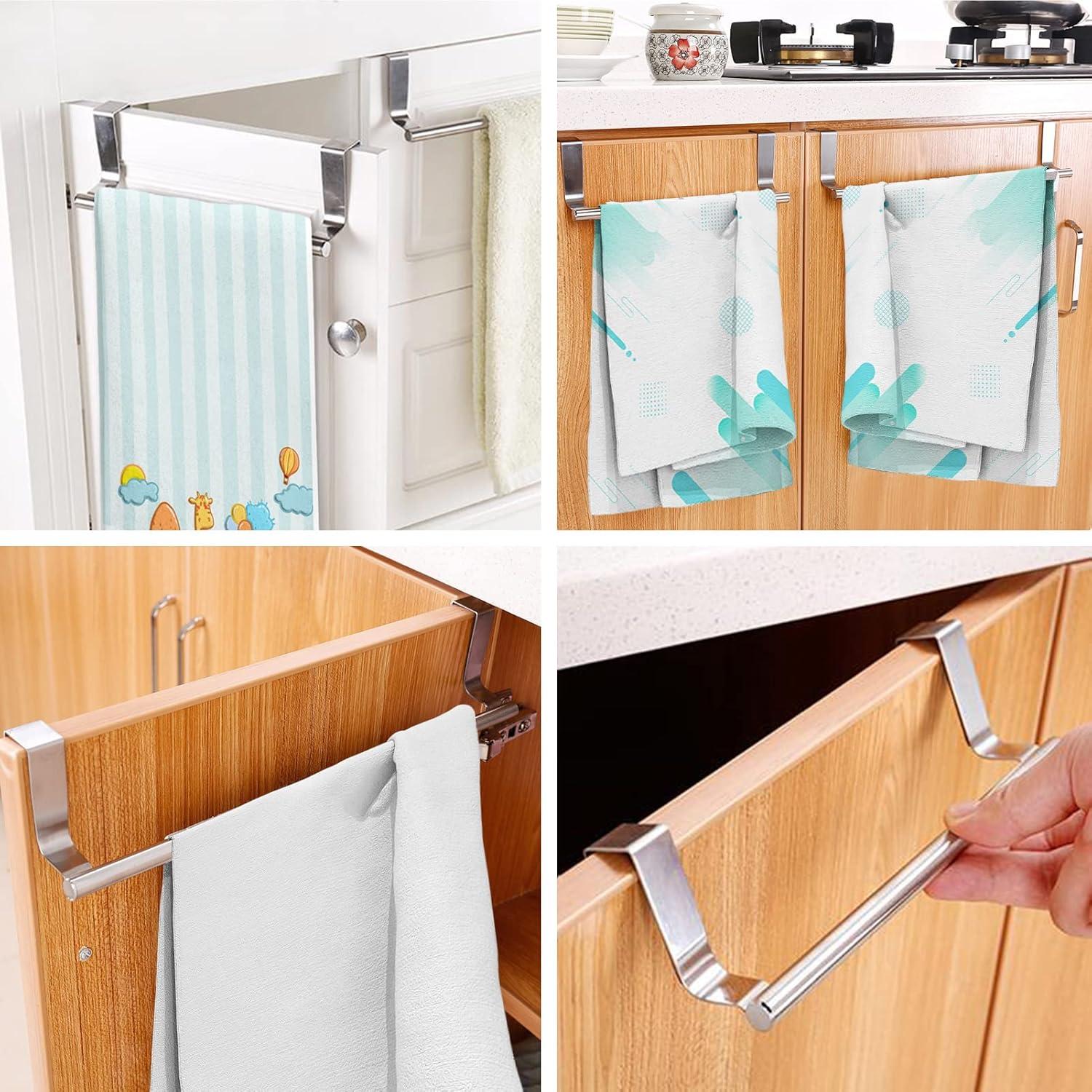 Modern Towel Bar with Hooks for Bathroom and Kitchen, Brushed Stainless Steel Towel Hanger Over Cabinet (9 inch)