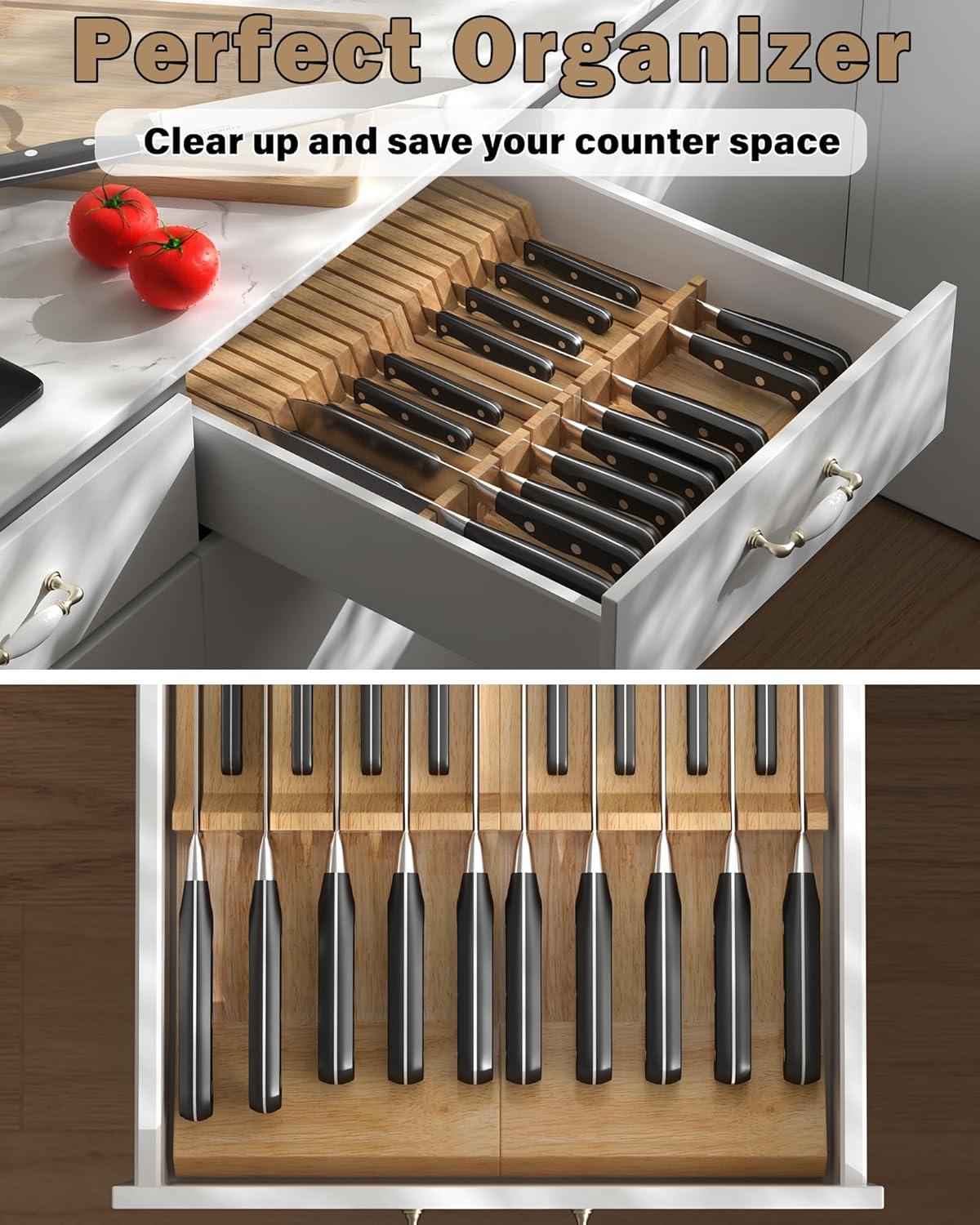 Natural Rubber Wood 9-Slot In-Drawer Knife Organizer