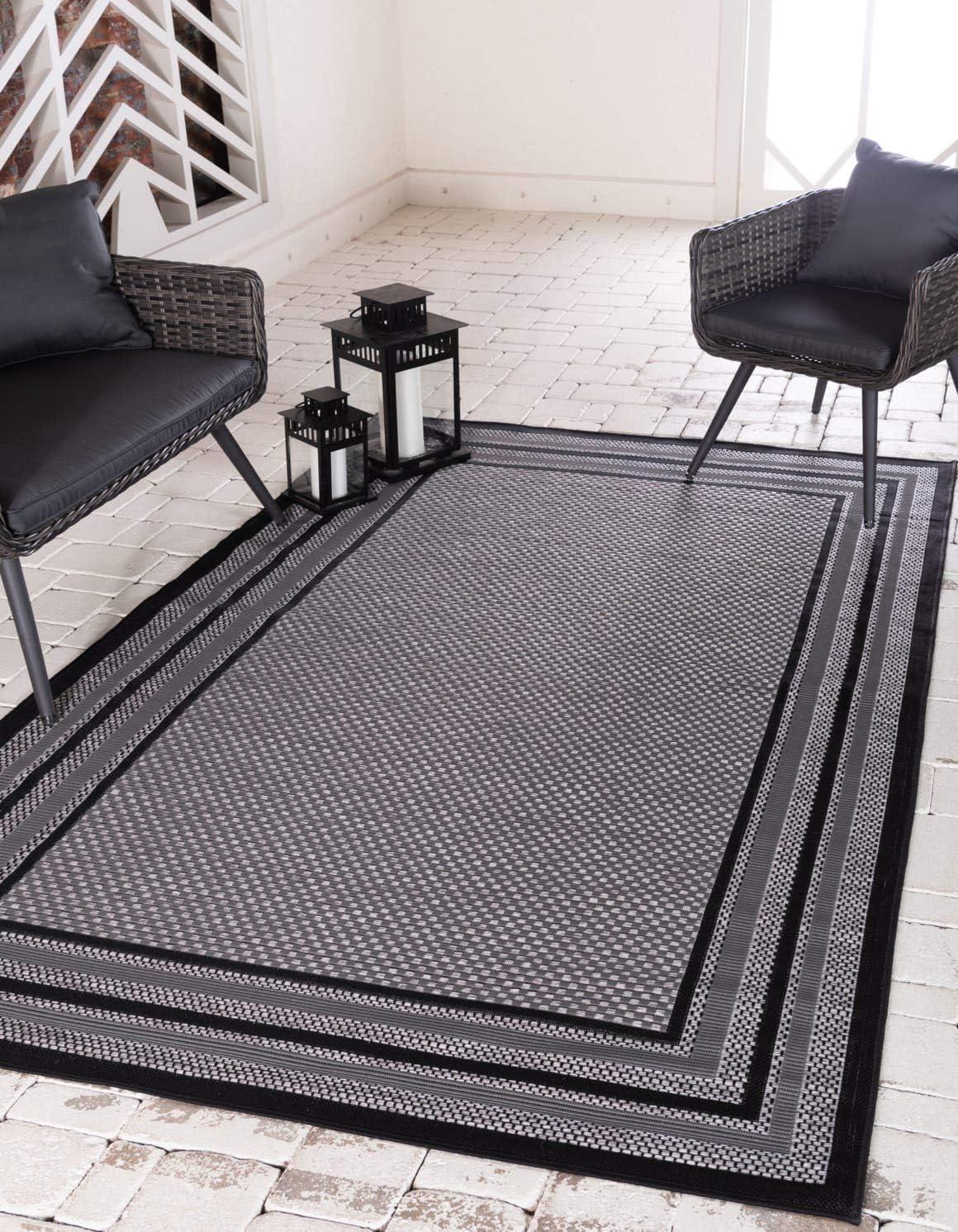 Unique Loom Outdoor Border Collection Area Rug - Multi Border (7' x 10' Rectangle Gray/Black)