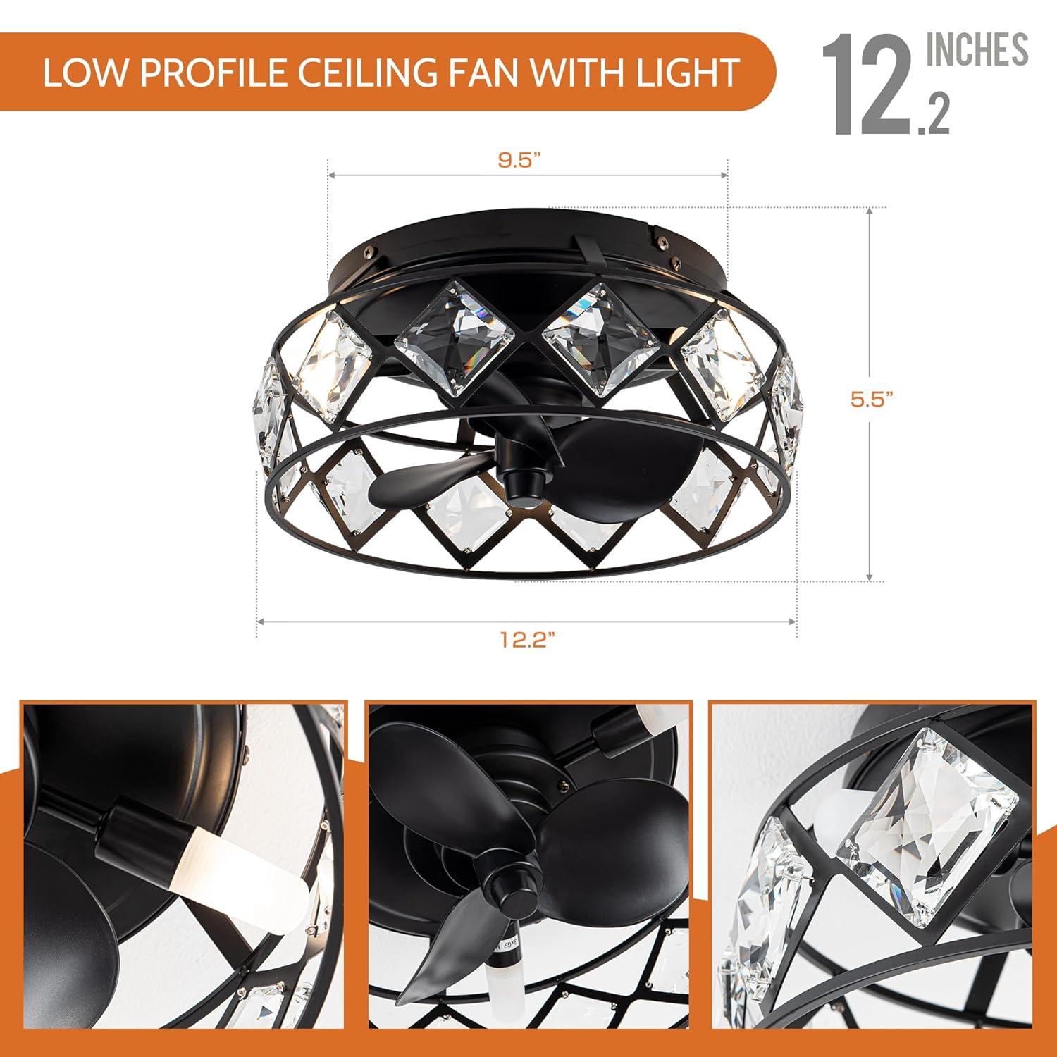 Parrot Uncle 12.2" Modern Black Fandelier 3-Light Caged Crystal Flush Mount Ceiling Fan