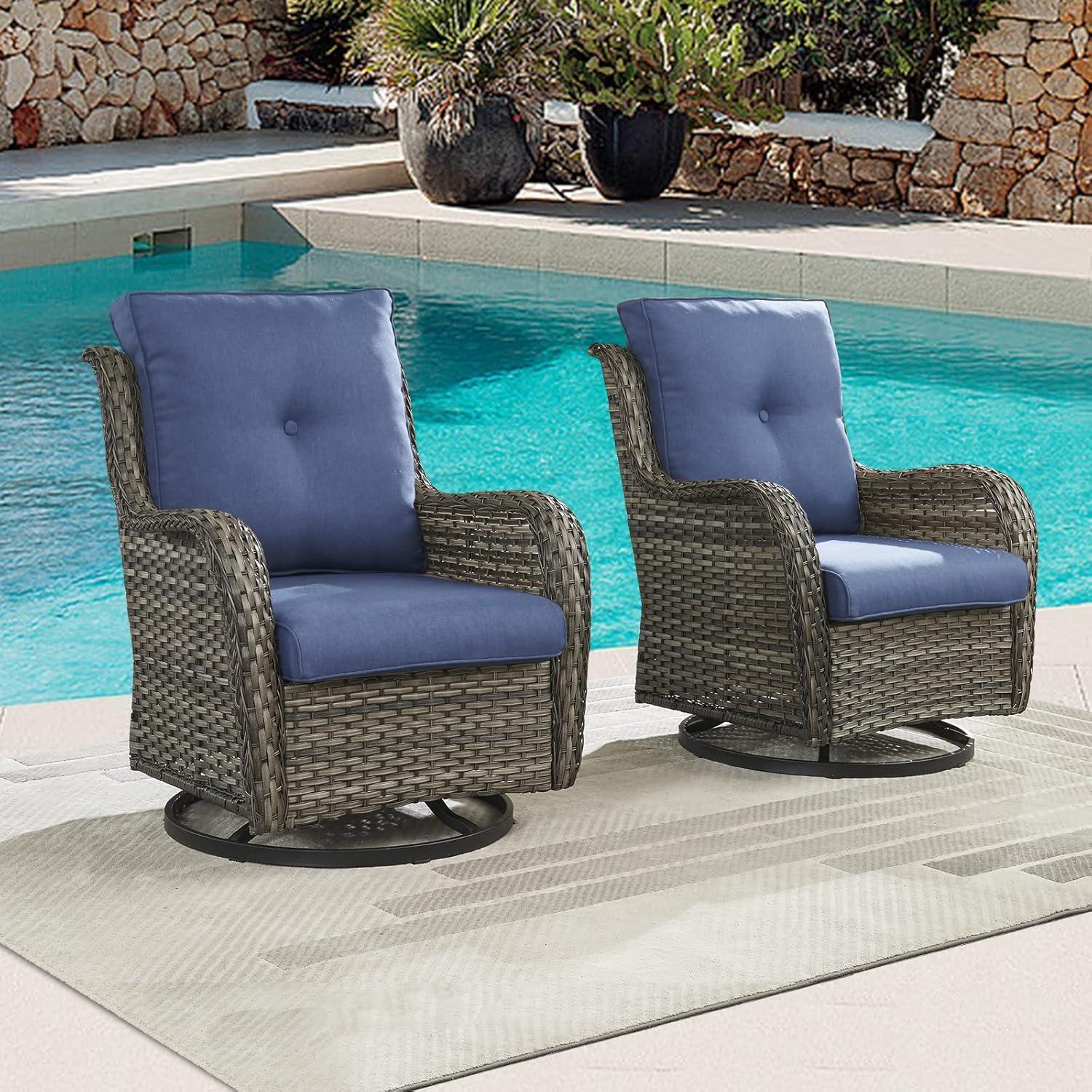 Pocassy  Outdoor Wicker Glider Swivel Club Chairs (Set of 2) Grey/Blue