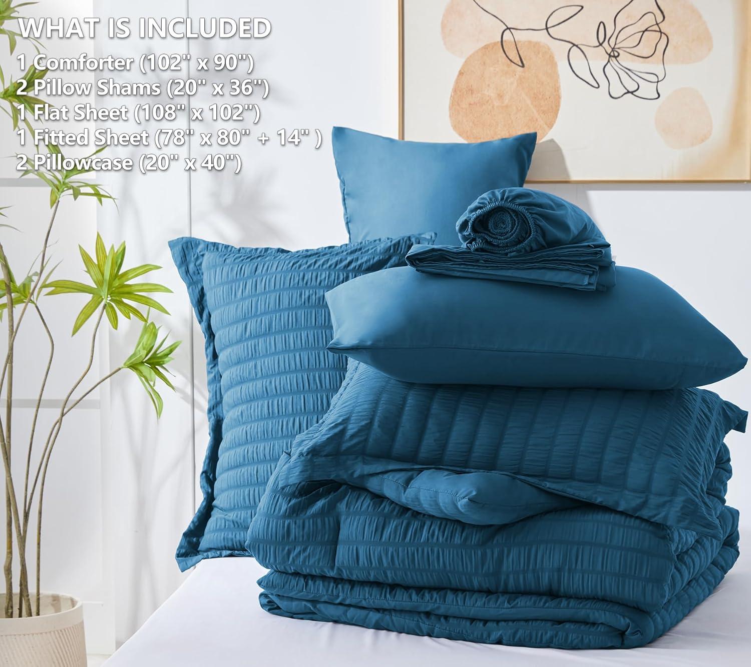 Teal King Microfiber Seersucker 7-Piece Bed in a Bag Set