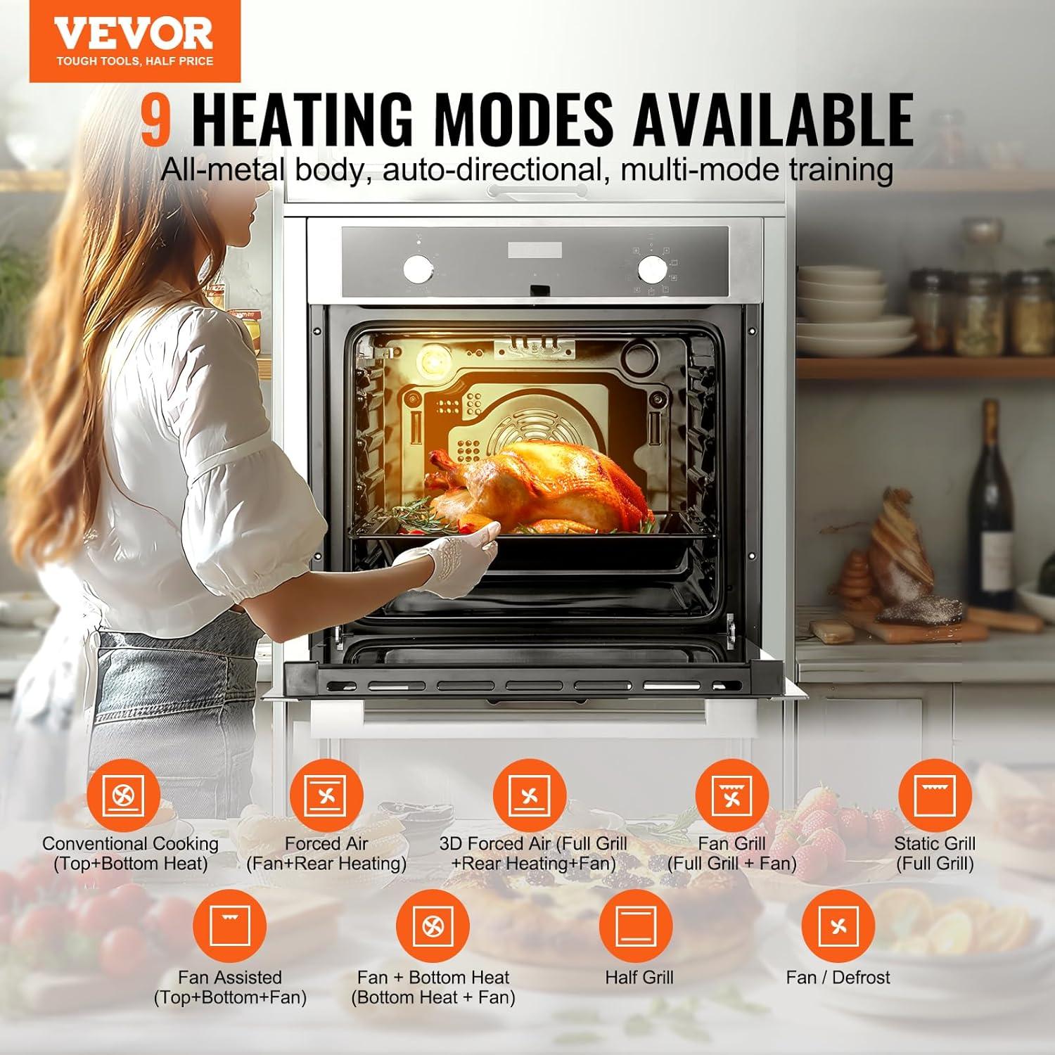 VEVOR Single Wall Oven, 24" Electric Built-in Wall Oven with 9 Cooking Functions, 2.68 Cu.Ft Electric Wall Ovens with Timer, 2800W Electric Oven with Baking Rack and Tray, for Kitchen