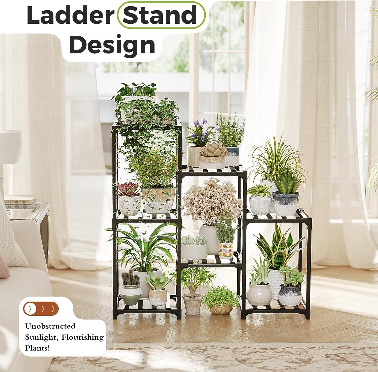 Black 3-Tier Bamboo Ladder Plant Stand for 7 Pots