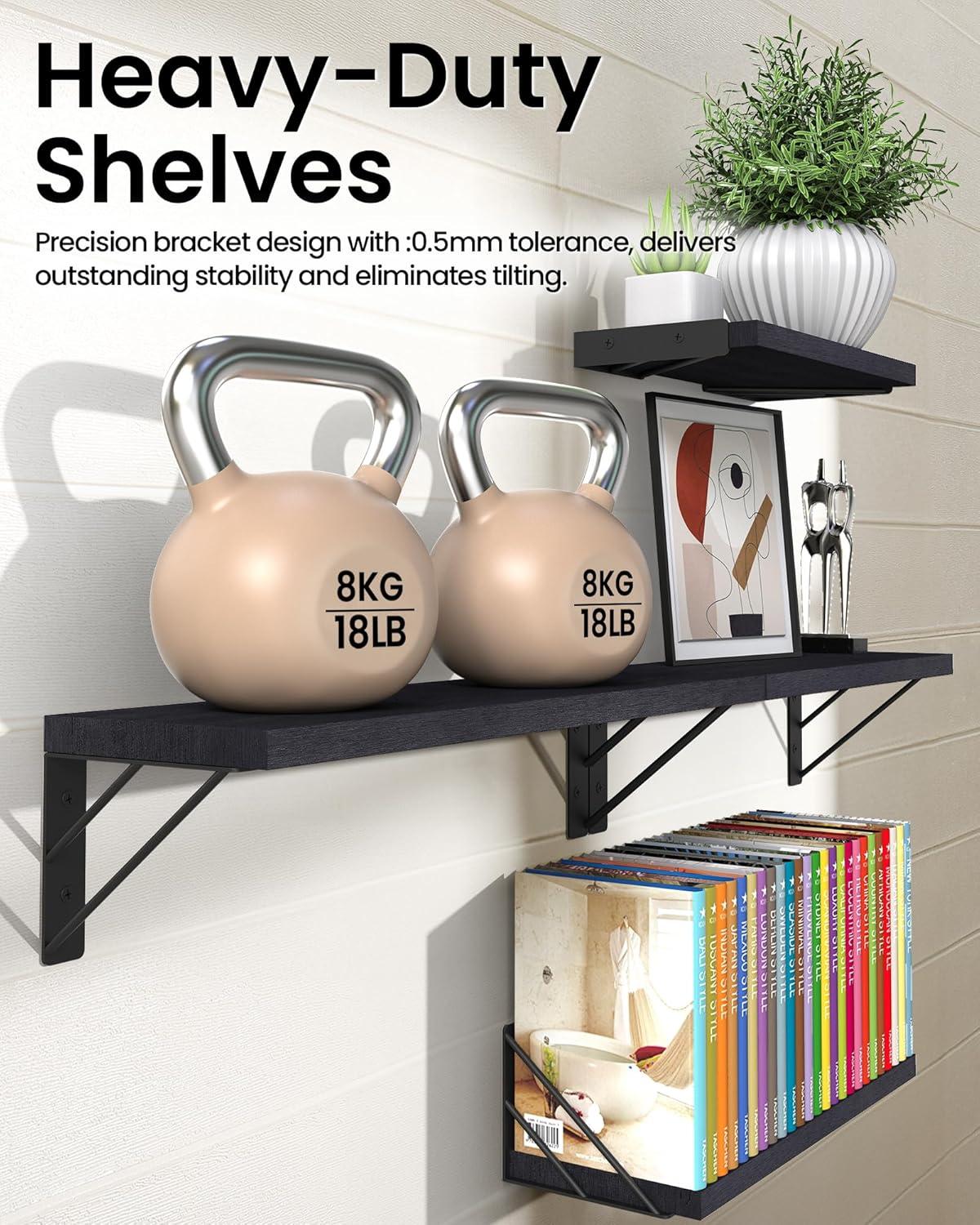 BAYKA Wall Mounted Floating Shelves, Wood Floating Wall Shelf for Books & Decor, Small Space-Saving Display & Organizer（Black，Set of 3）