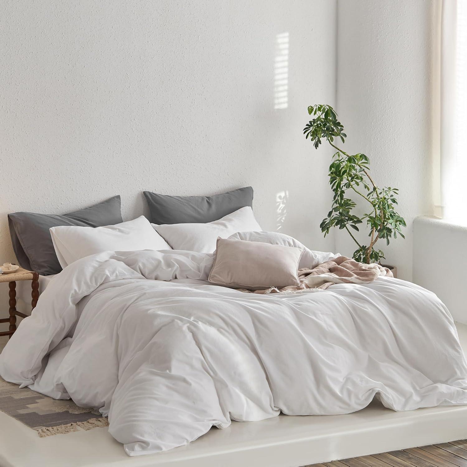 MOOMEE Linen Like Textured 100% Washed Cotton Twill Duvet Cover Set Ultra Soft