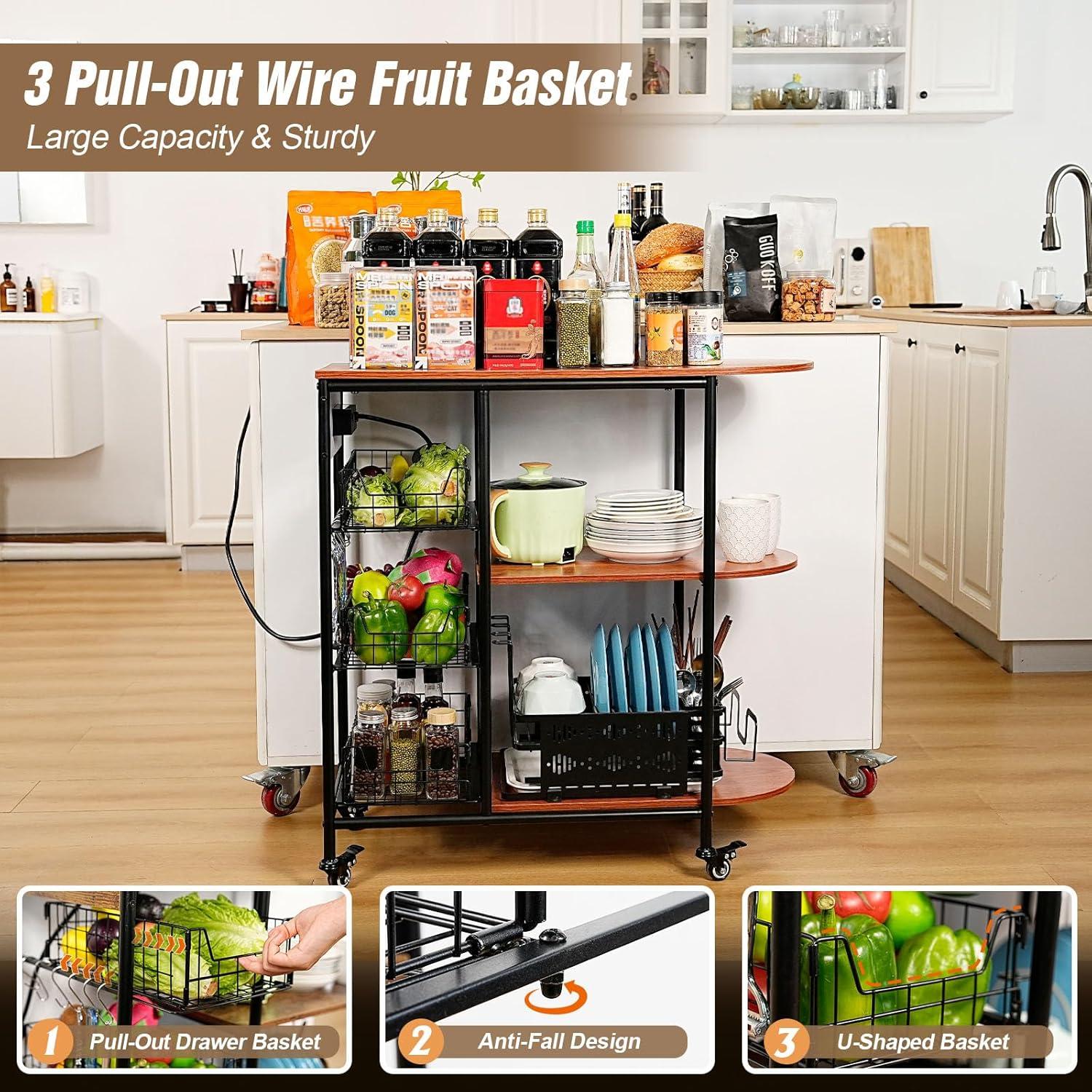 Kitchen Bakers Rack with Power Outlet, Microwave Stand with 3 Pull-Out Fruit Basket Storage, Coffee Bar Carts Table on 4 Wheels, 6 S-Hook Storage Shelf for Spice Rack Organizer Workstation, 33.9 inch