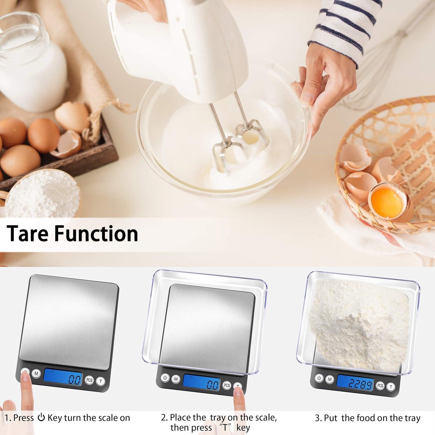 Digital Kitchen Scale 3000g / 0.1g ; Mini Pocket Jewelry Scale, Food Scale for Kitchen, 2 Trays, 6 Units, Auto Off, Tare, PCS Function, Stainless Steel, Batteries Included