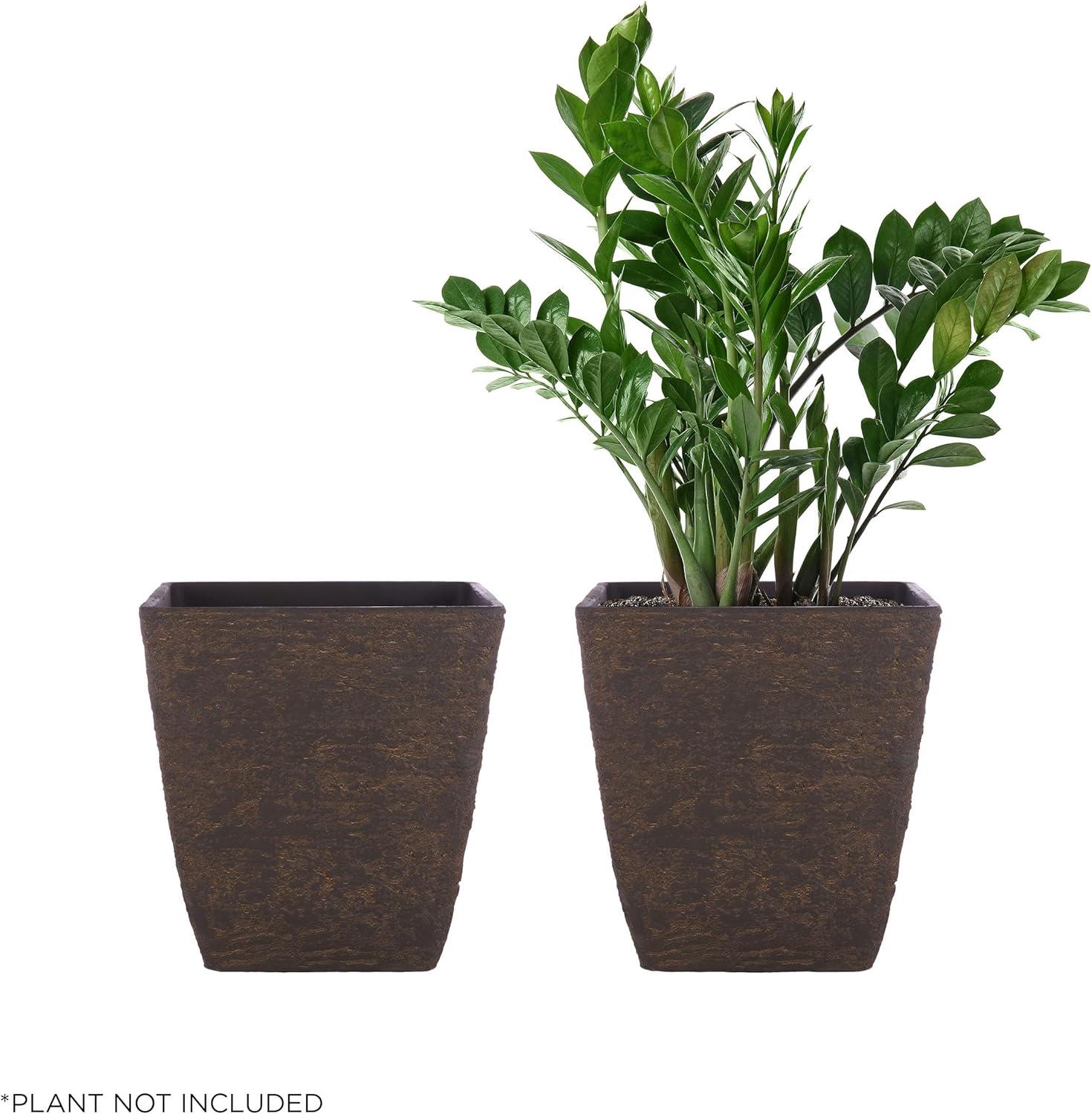 Contemporary Square Stone-Look Planters, Textured Brown, Set of 2