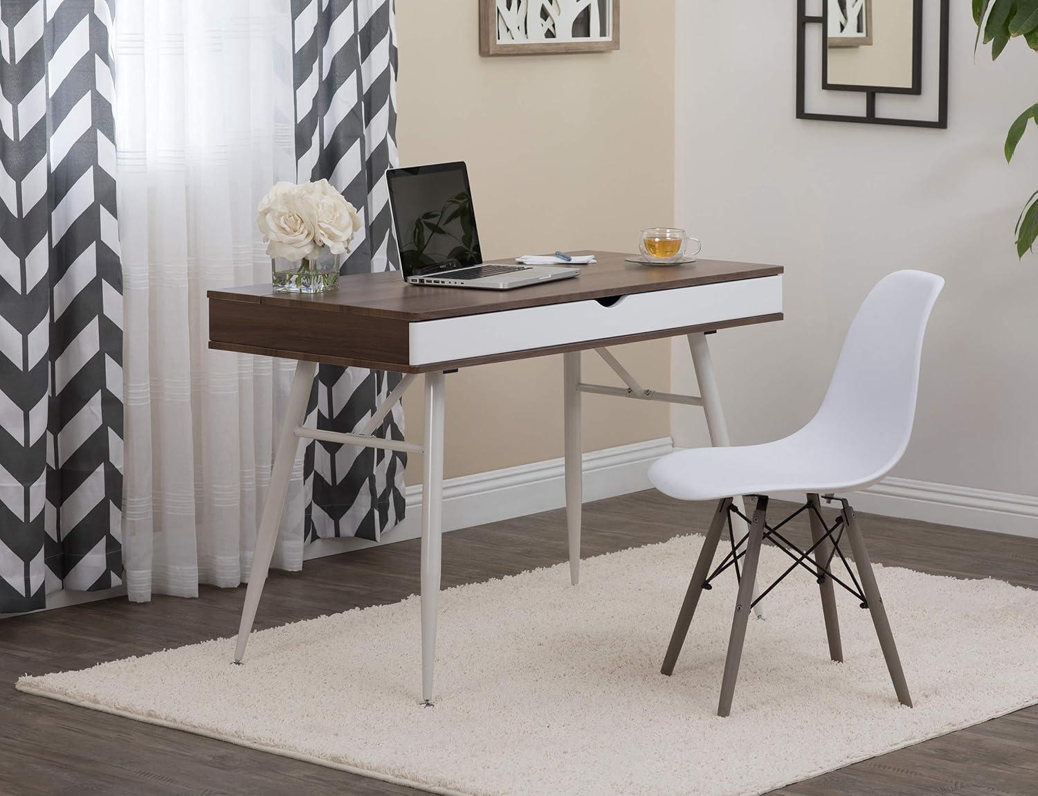 Mid-Century Modern White/Chestnut Writing Desk with Split Drawer