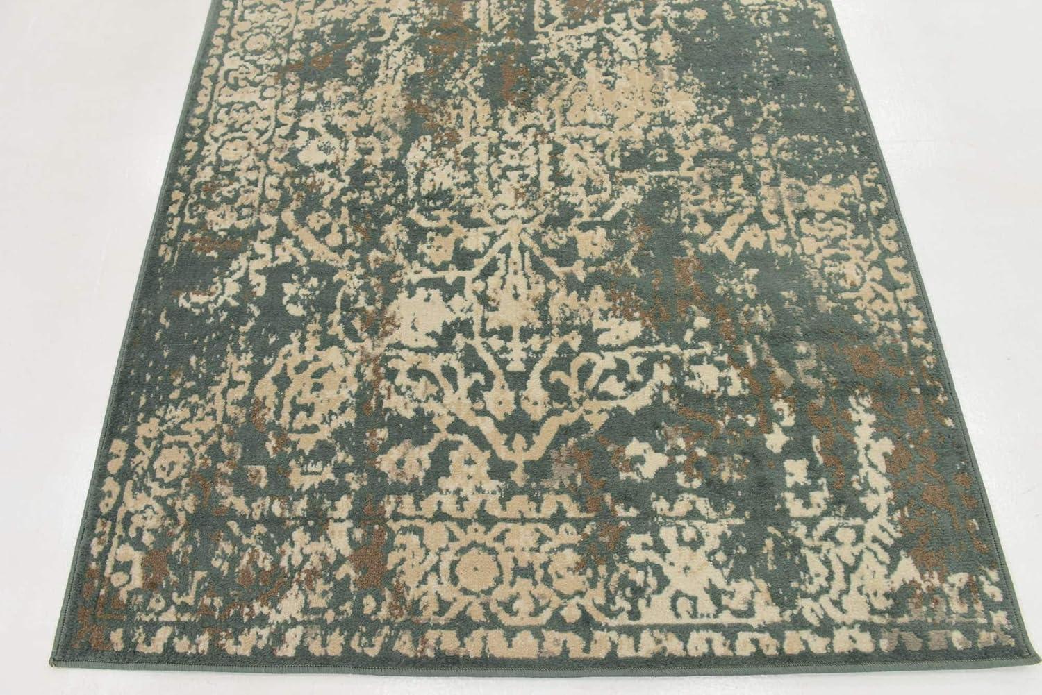 Green and Beige Rectangular Abstract Low Pile Area Rug