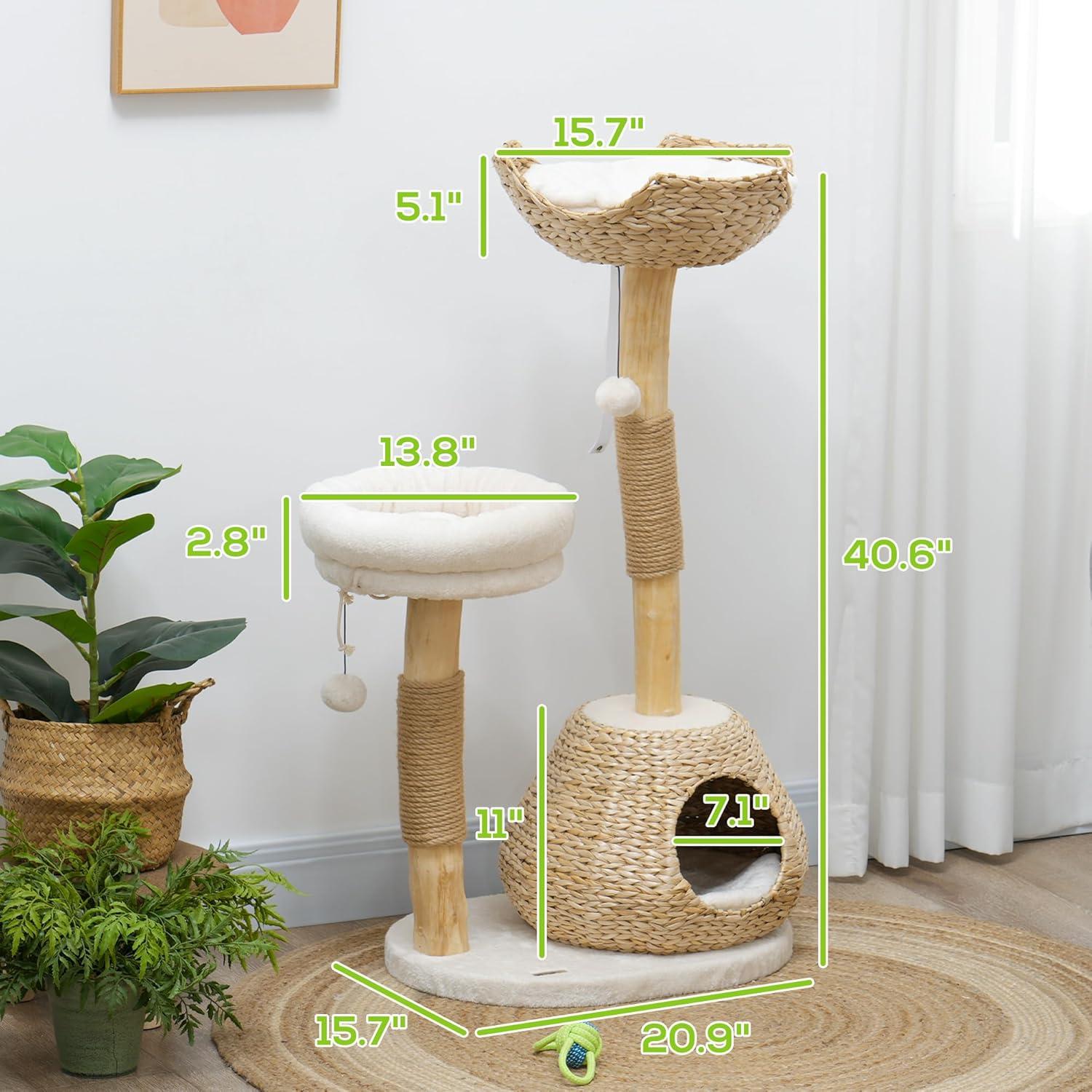 PawHut Cat Tree for Indoor Cats, 41" Cat Tower with Wooden Cat Scratching Posts, Cat Condo, Cat Beds & Toy Balls, Cream White