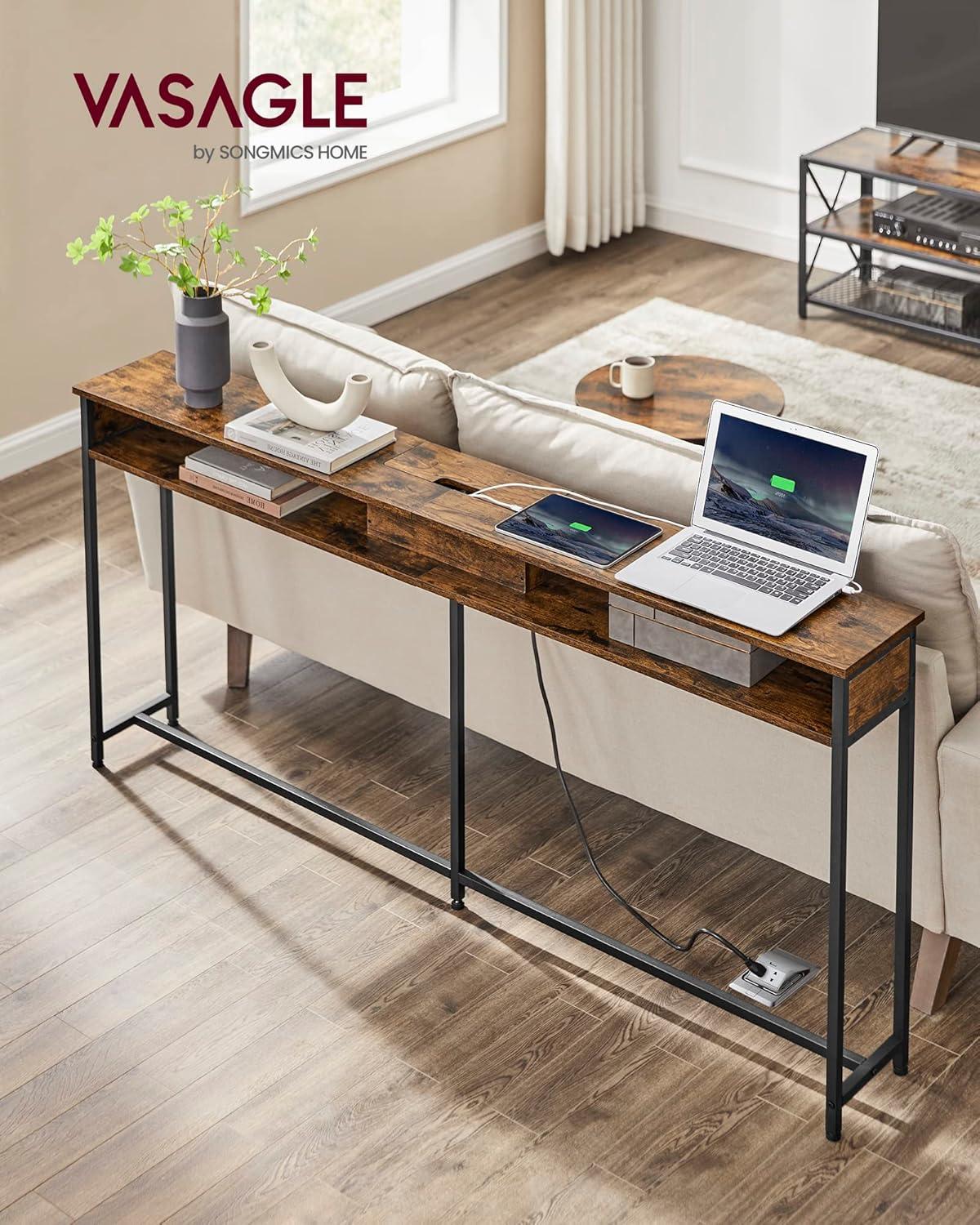 Rustic Brown and Black Console Table with Storage and Charging Station