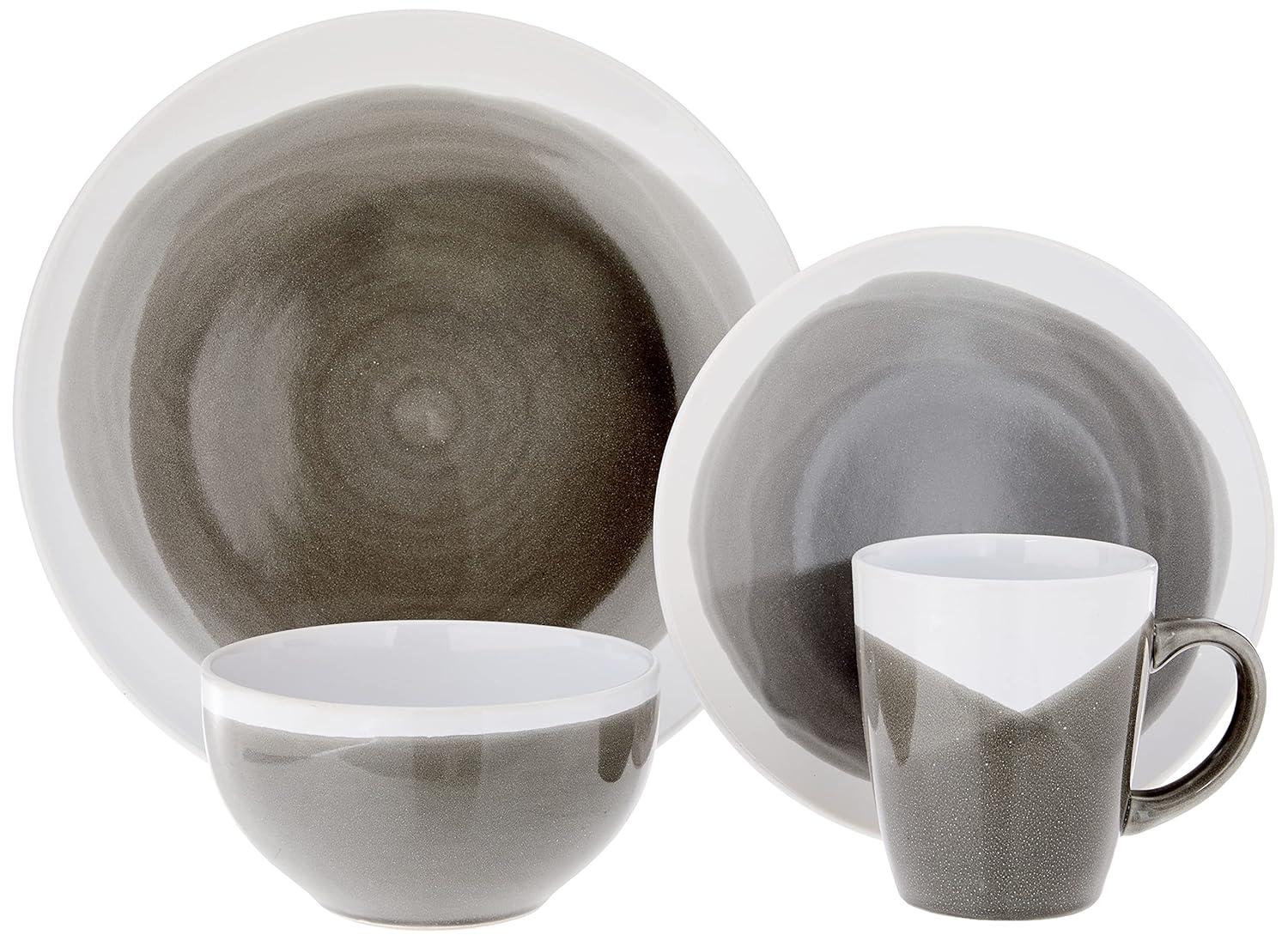 American Atelier, Charcoal and White, Round, Stoneware Dinnerware Set, 16-Piece