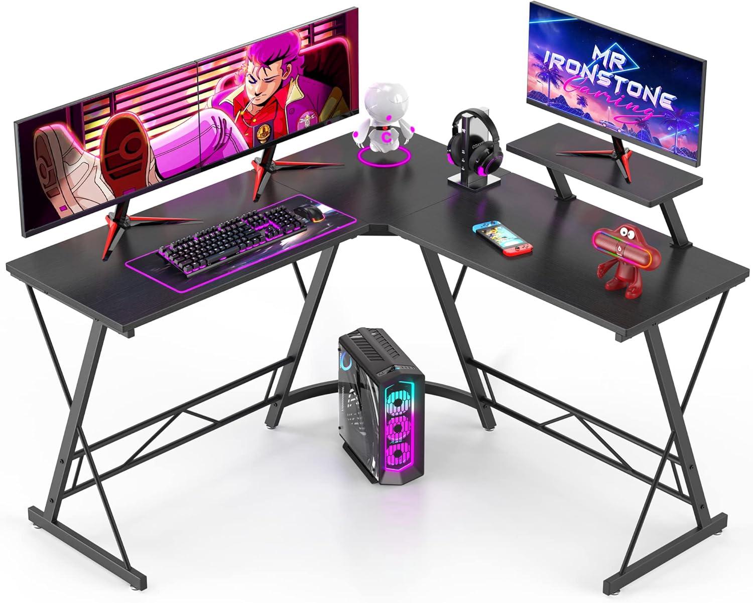 Black Adjustable L-Shaped Gaming Desk with Monitor Stand