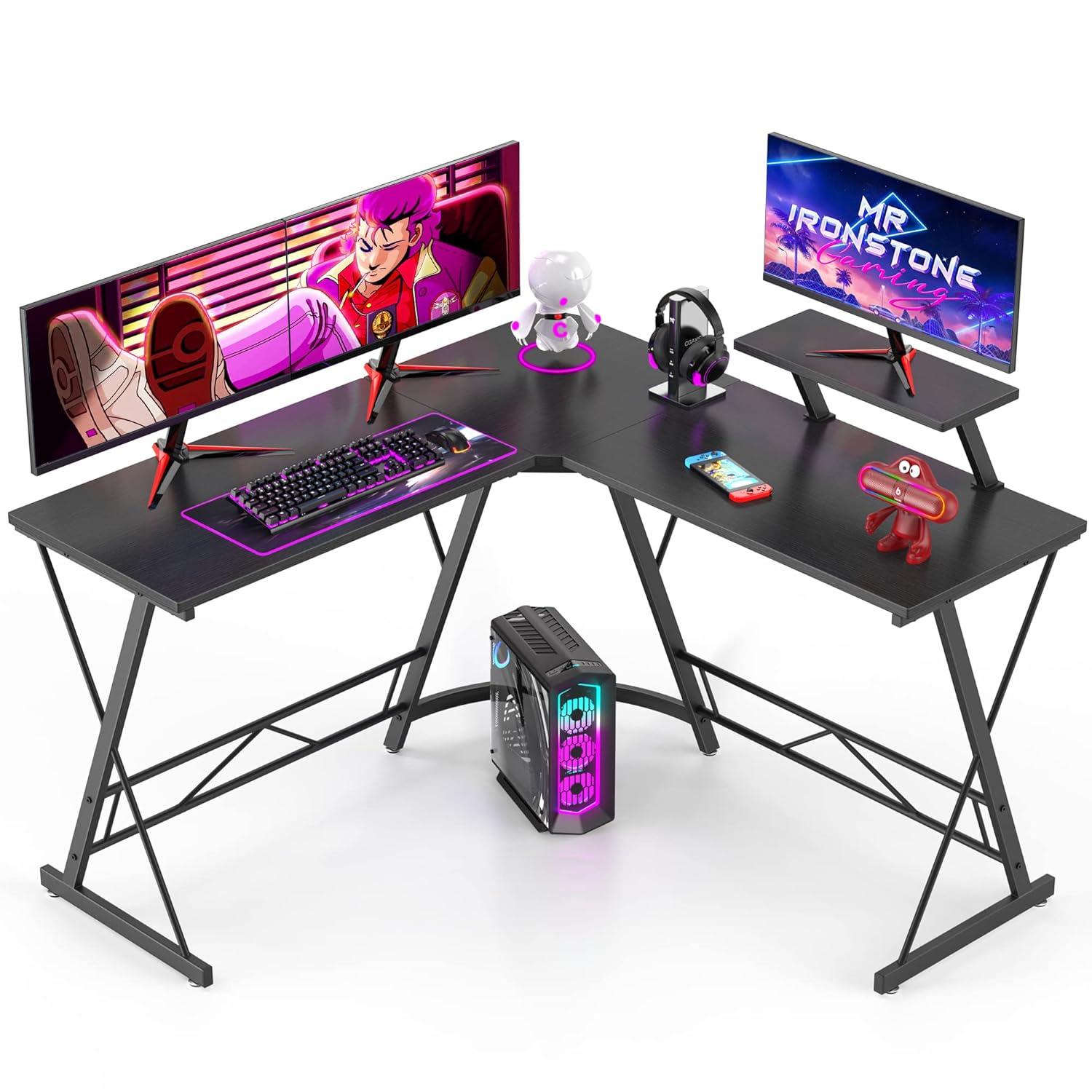 Mr Ironstone L Shaped Gaming Desk Corner Computer Desk, Home Office Desks Writing Workstation with Large Monitor Stand (51 Inch)