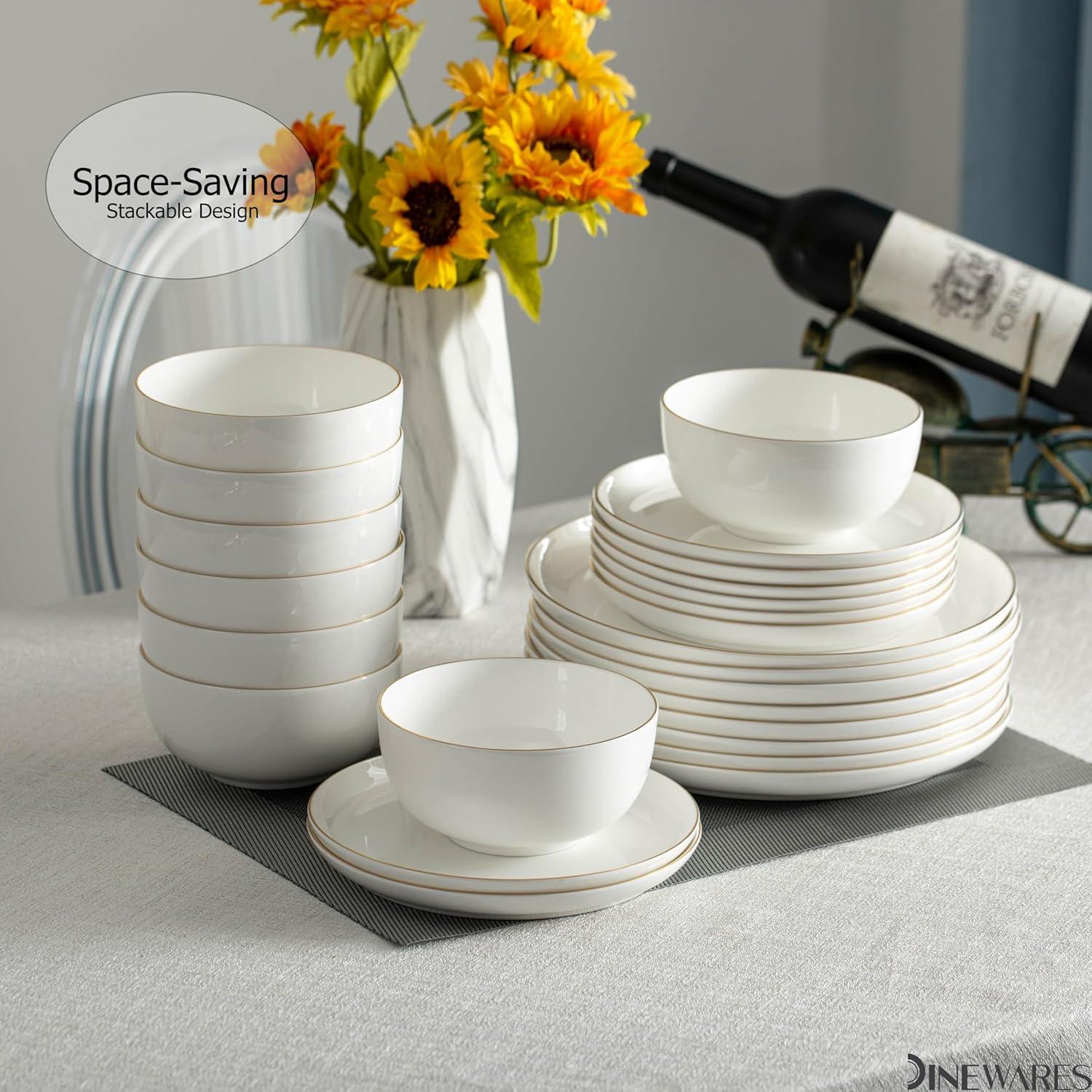 Dinewares White with Gold Rim Bone China Dinnerware Set - Service for 8, Includes Dinner Plates, Salad Plates, and Cereal or Soup Bowls