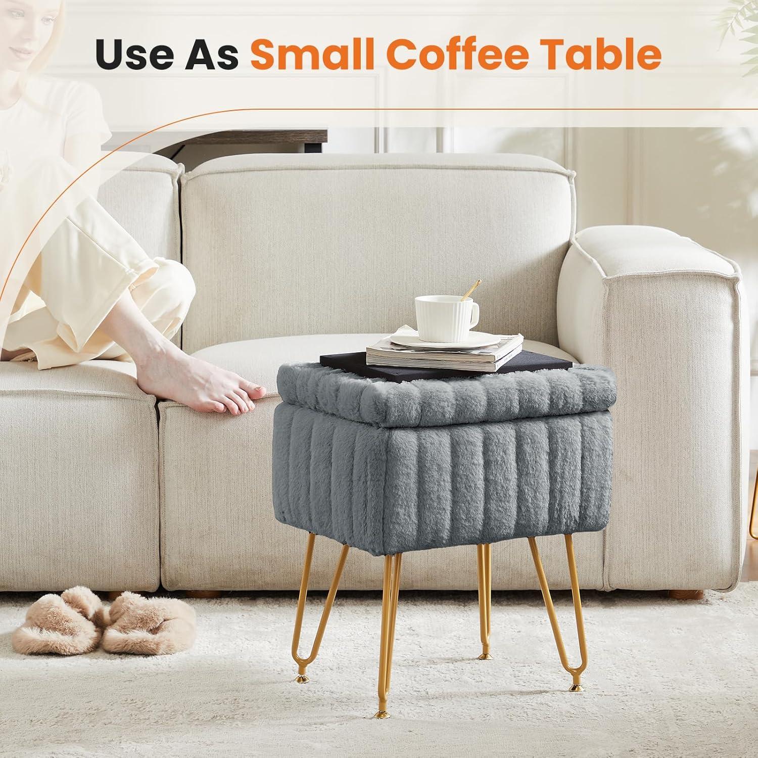 Vanity Stool Chair with Storage, Ottoman Faux Fur Soft Padded Makeup Footstools Seat with 4 Metal Legs