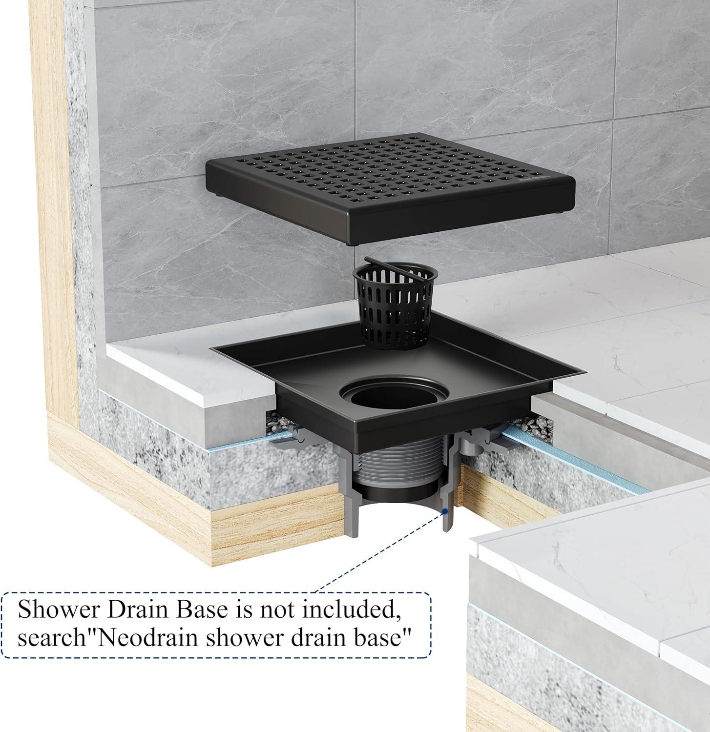Neodrain 6-Inch Square Shower Drain with Removable Quadrato Pattern Grate,Brushed 304 Stainless Steel, with Watermark&CUPC Certified,Black